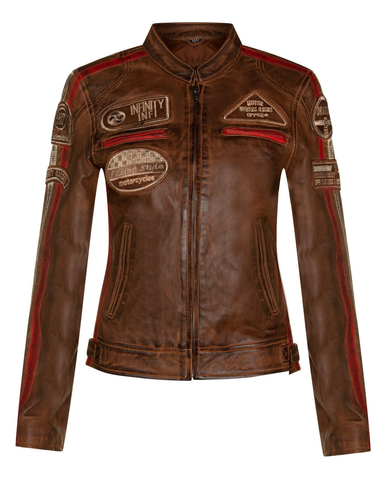 Infinity Leather Womens Biker Racing Badges Jacket-Agadir - Tan Nappa Leather - Size 18 UK