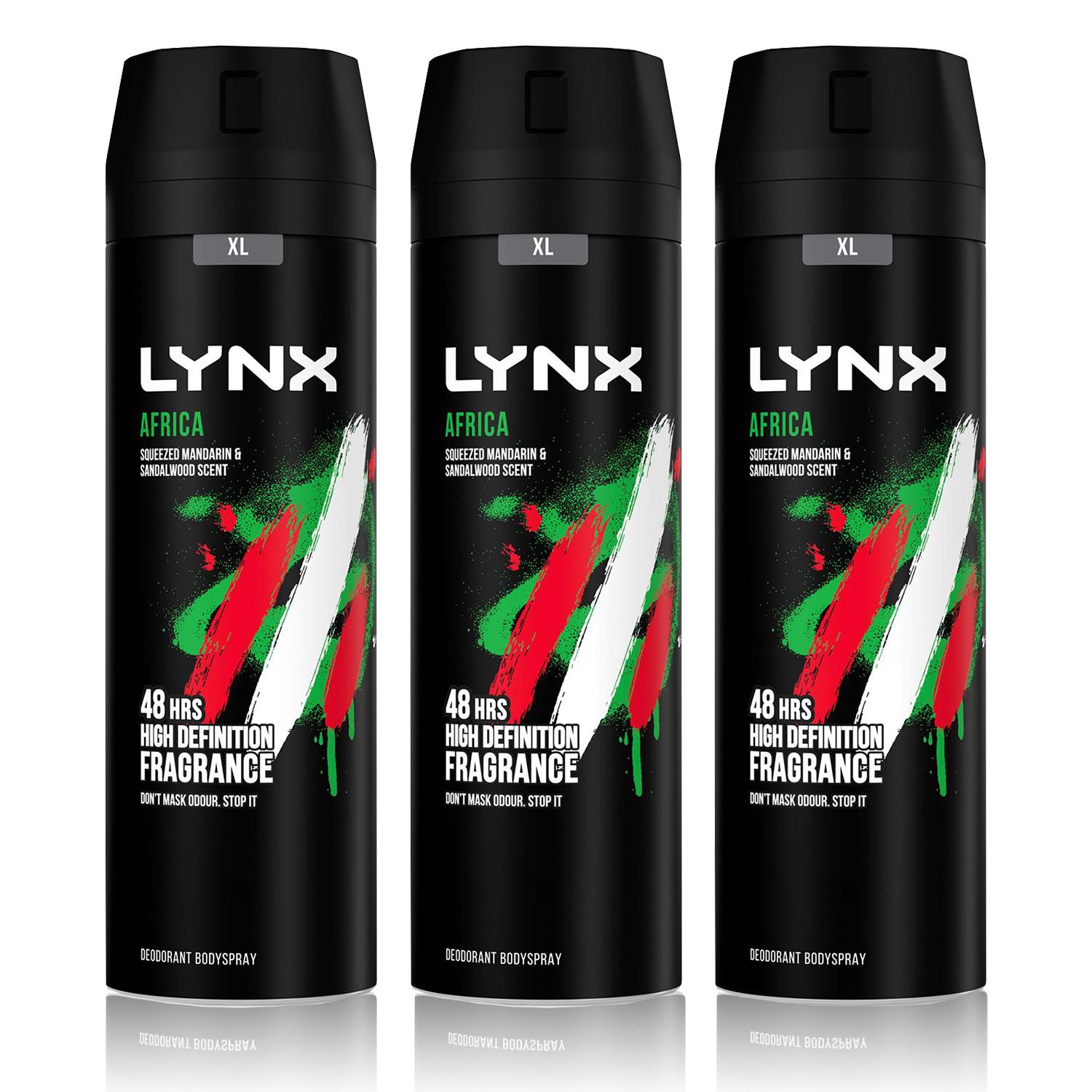 Lynx Mens XL Africa Body Spray 48H Fresh Mandarin & Sandalwood Scent Deo, 3x200ml - NA - One Size