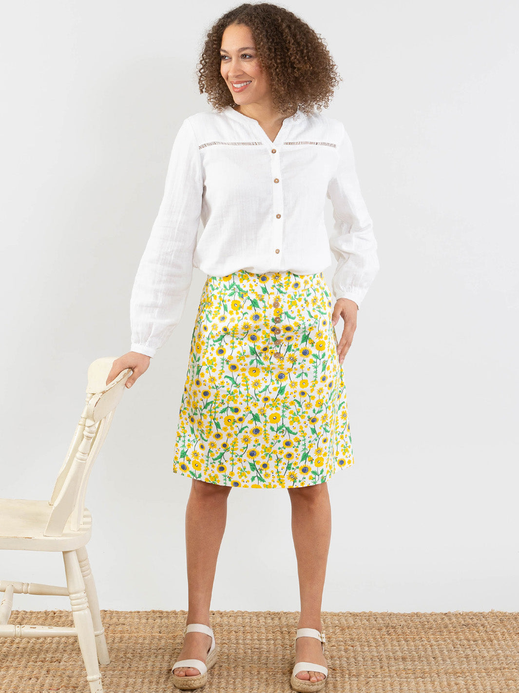 Kite Clothing Womens Stalbridge Skirt Bumble Blooms - Yellow Cotton - Size 16 UK