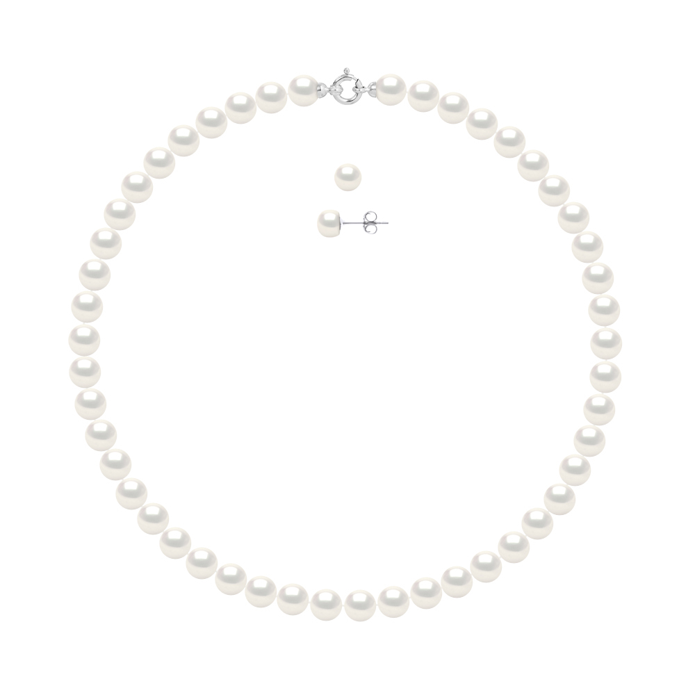 Ateliers Saint Germain Womens Set Necklace + Earrings - Real Cultured Freshwater Pearls Round 8-9 mm - White White Gold - One Size