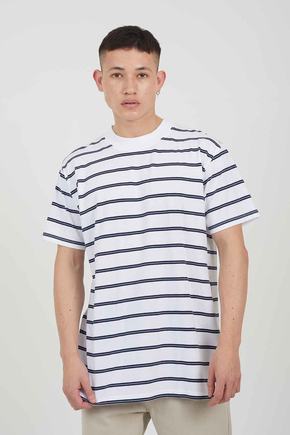 Brave Soul Mens White 'Gannon' Cotton Oversized Stripe T-Shirt - Size Medium