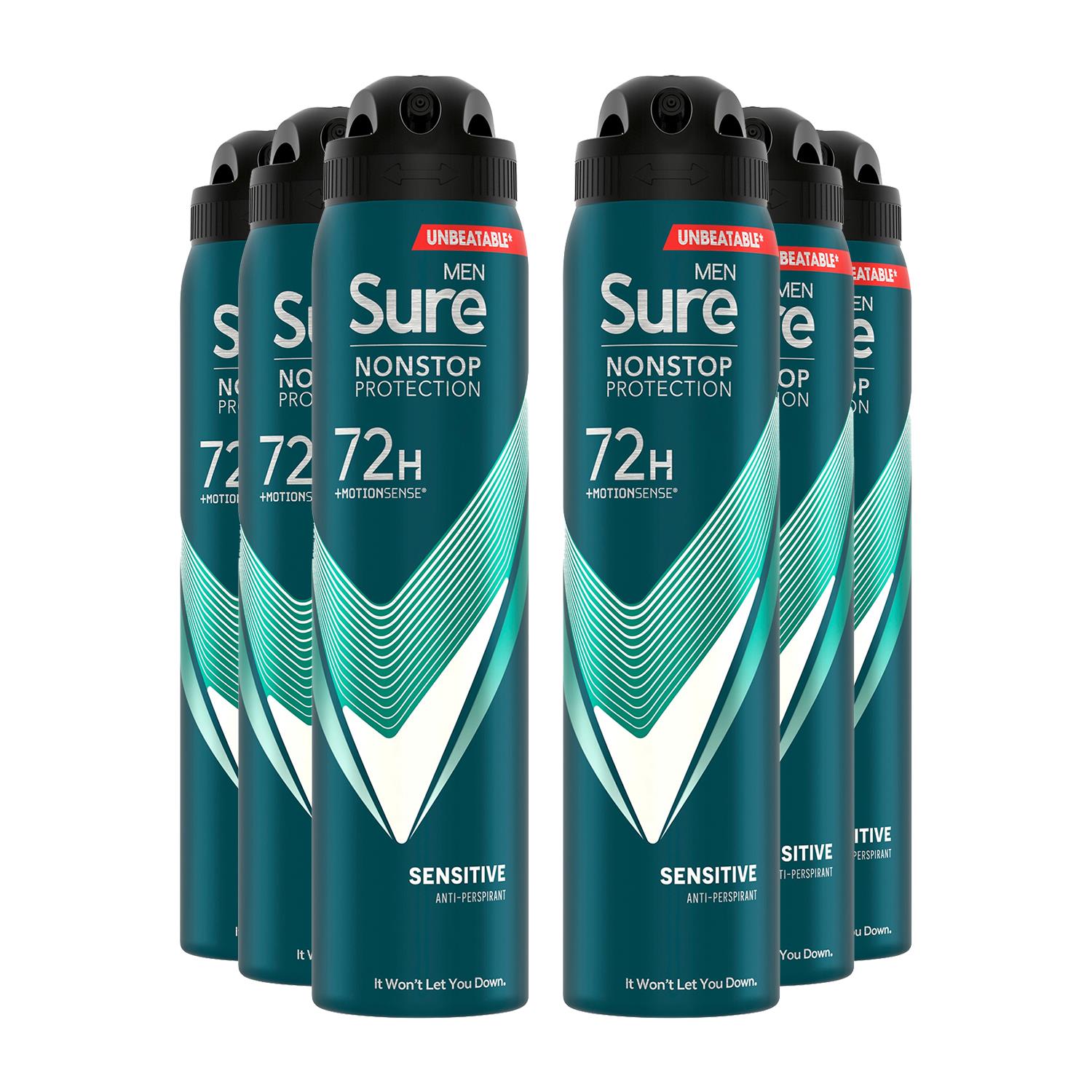 Sure Mens Men Anti-Perspirant 72H Nonstop Protection Sensitive Deodorant 250ml, 6 Pack - NA - One Size