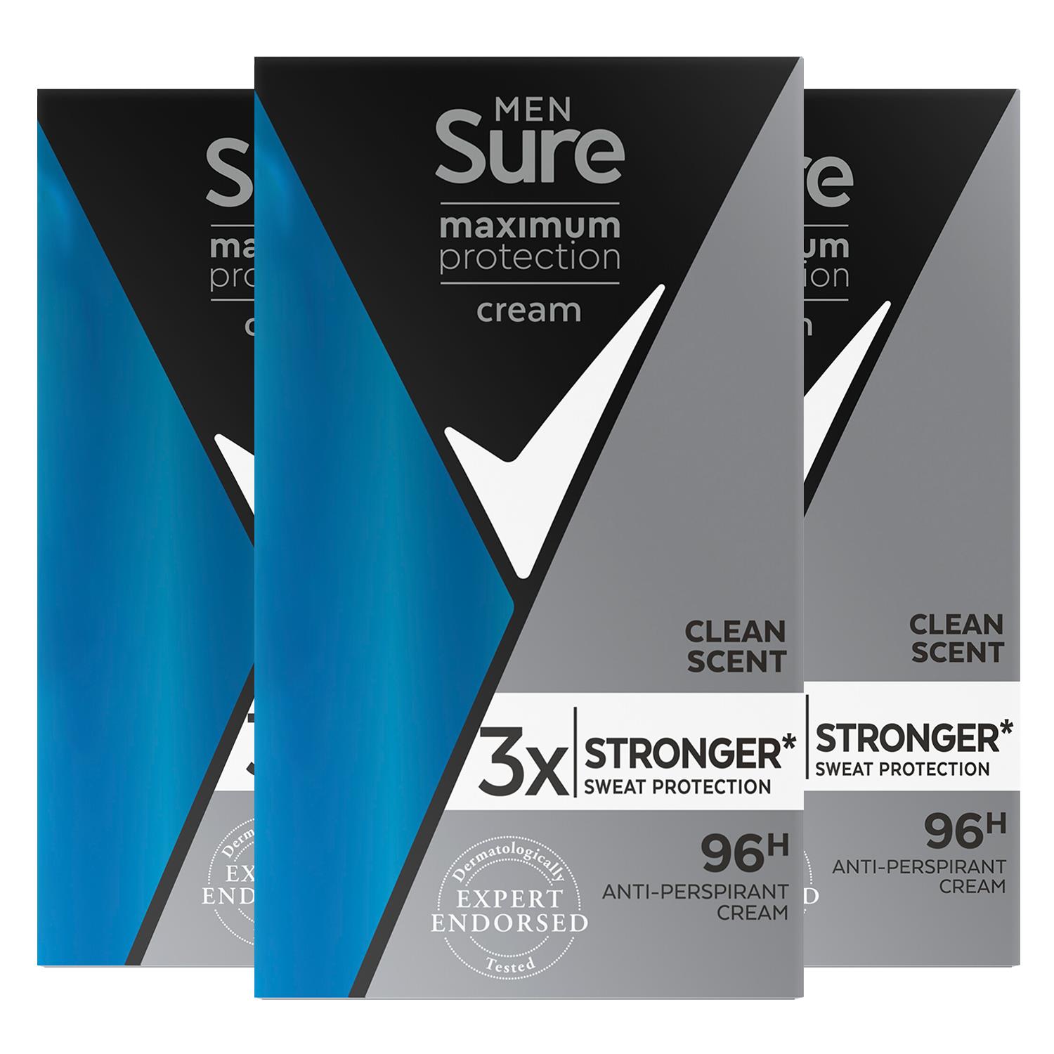 Sure Mens Men Maximum Protection Clean Scent Anti-Perspirant Cream 45ml, 3 Pack - One Size