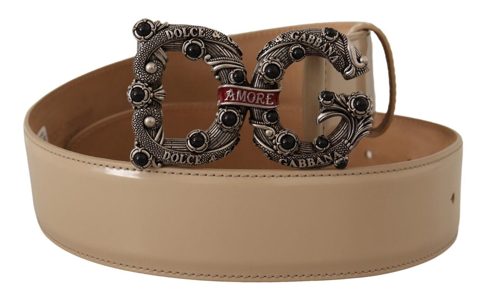 Dolce & Gabbana Womens Authentic Amore Leather Belt with Vintage-Brass Logo Buckle - Beige - Size 75 cm