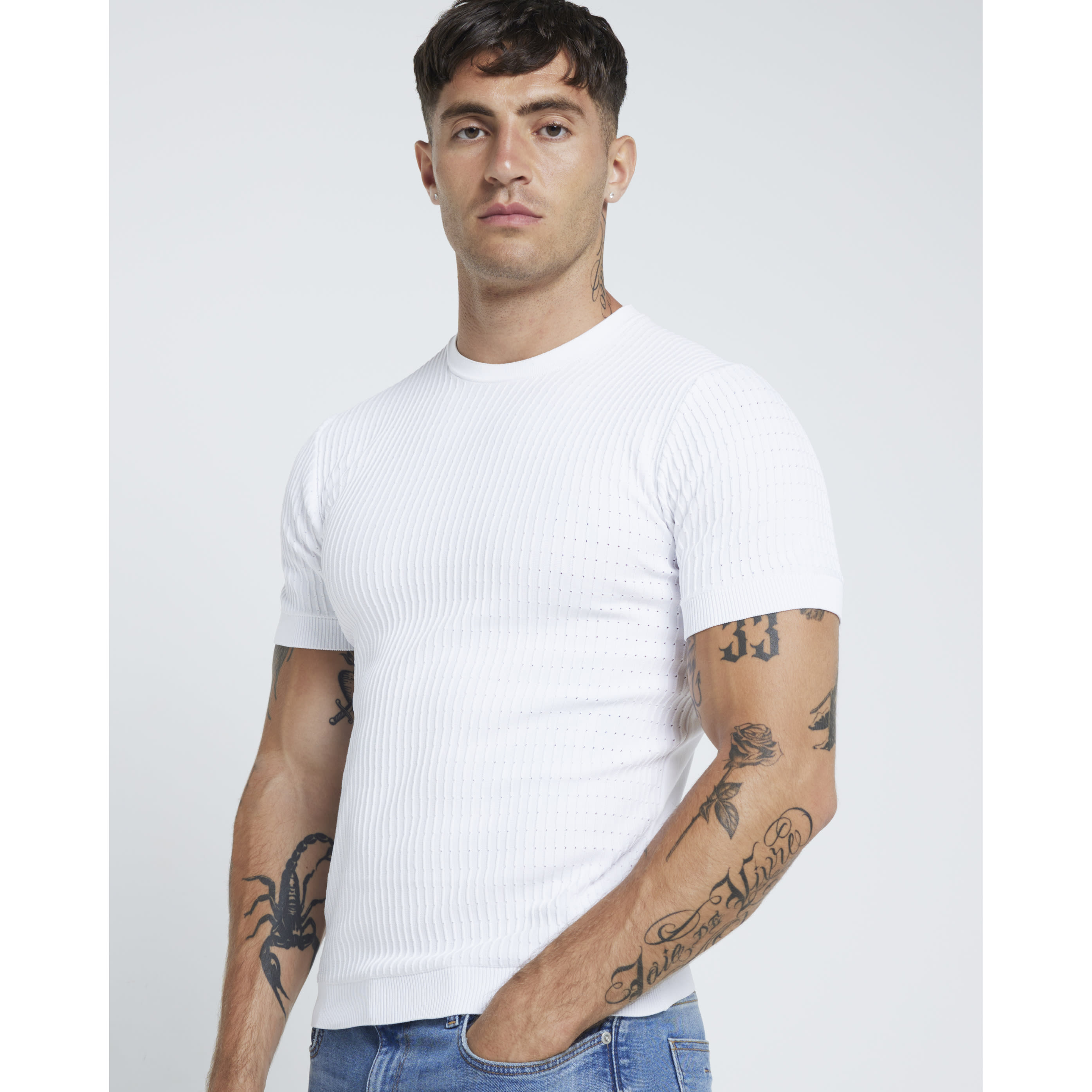 River Island Mens T-Shirt White Muscle Fit Brick Pointelle - Size Medium