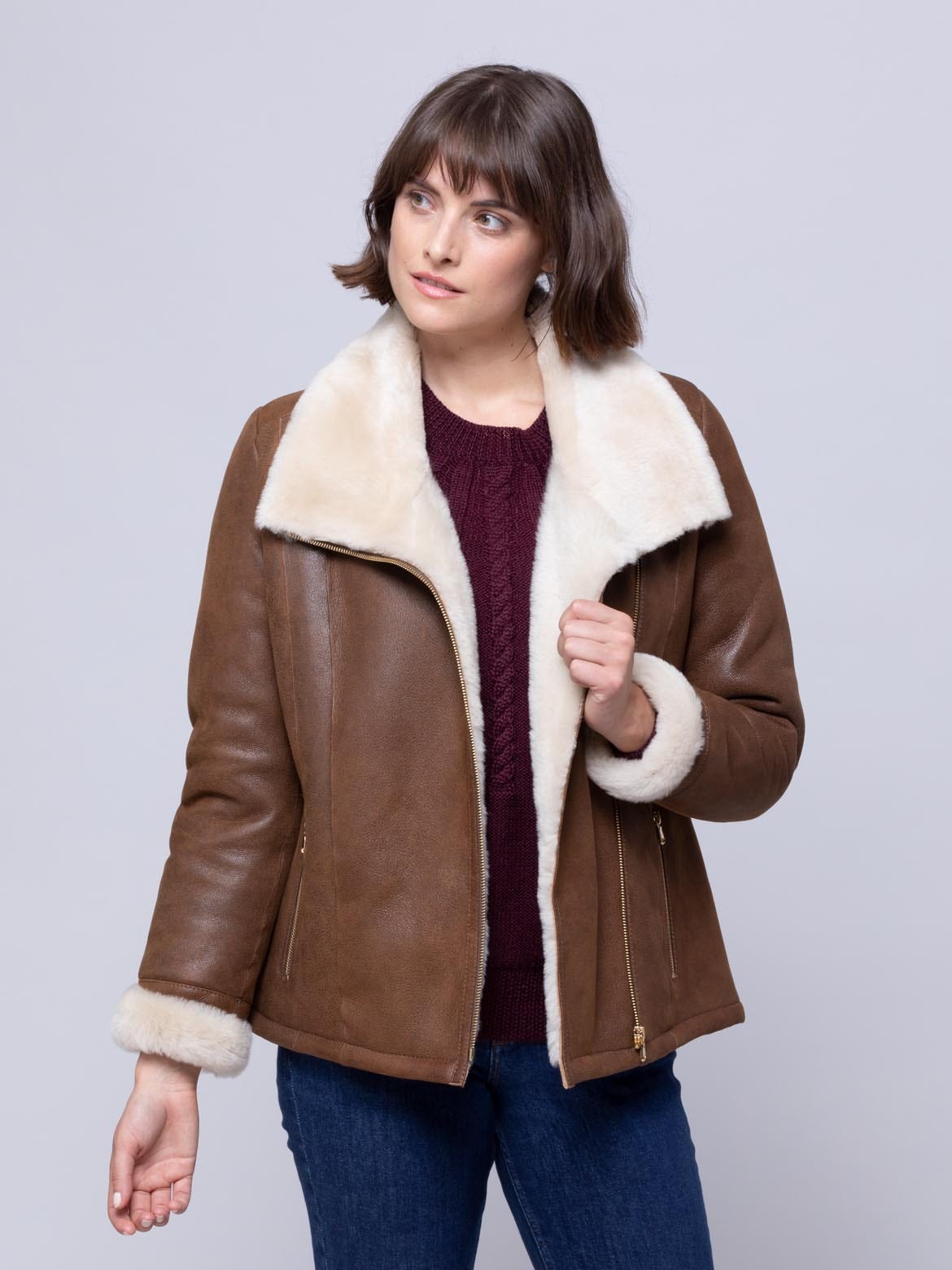 Lakeland Leather Womens Allerdale Sheepskin Aviator Jacket in Caramel - Tan - Size UK 18 (Womens)
