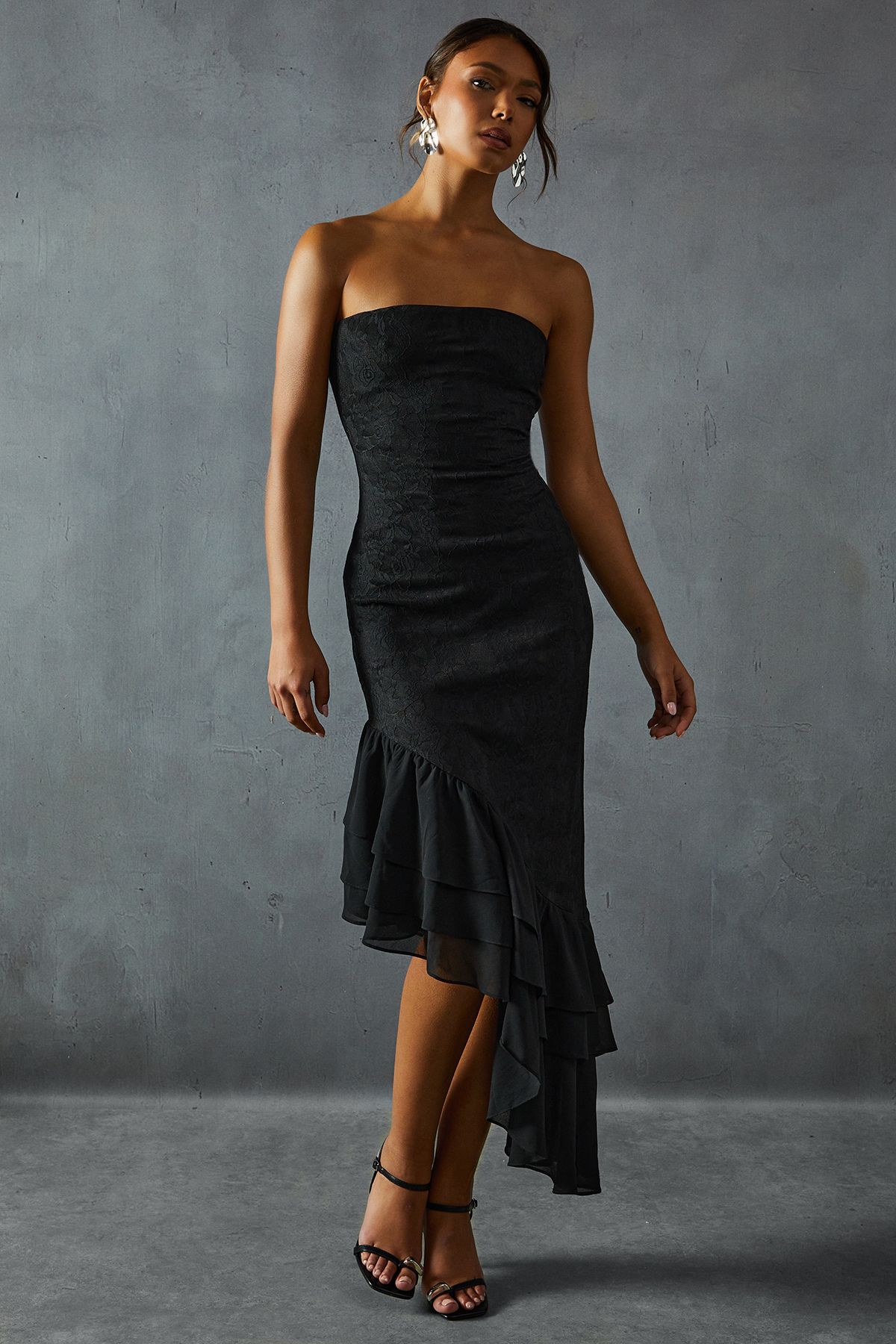 Misspap Womens Lace Bandeau Frill Hem Asymmetric Dress - Black - Size 10 Uk