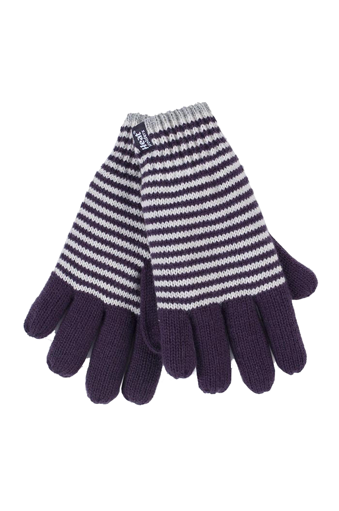 Heat Holders - Womens Striped Fleece Lined Thermal Gloves - Purple - Size Medium