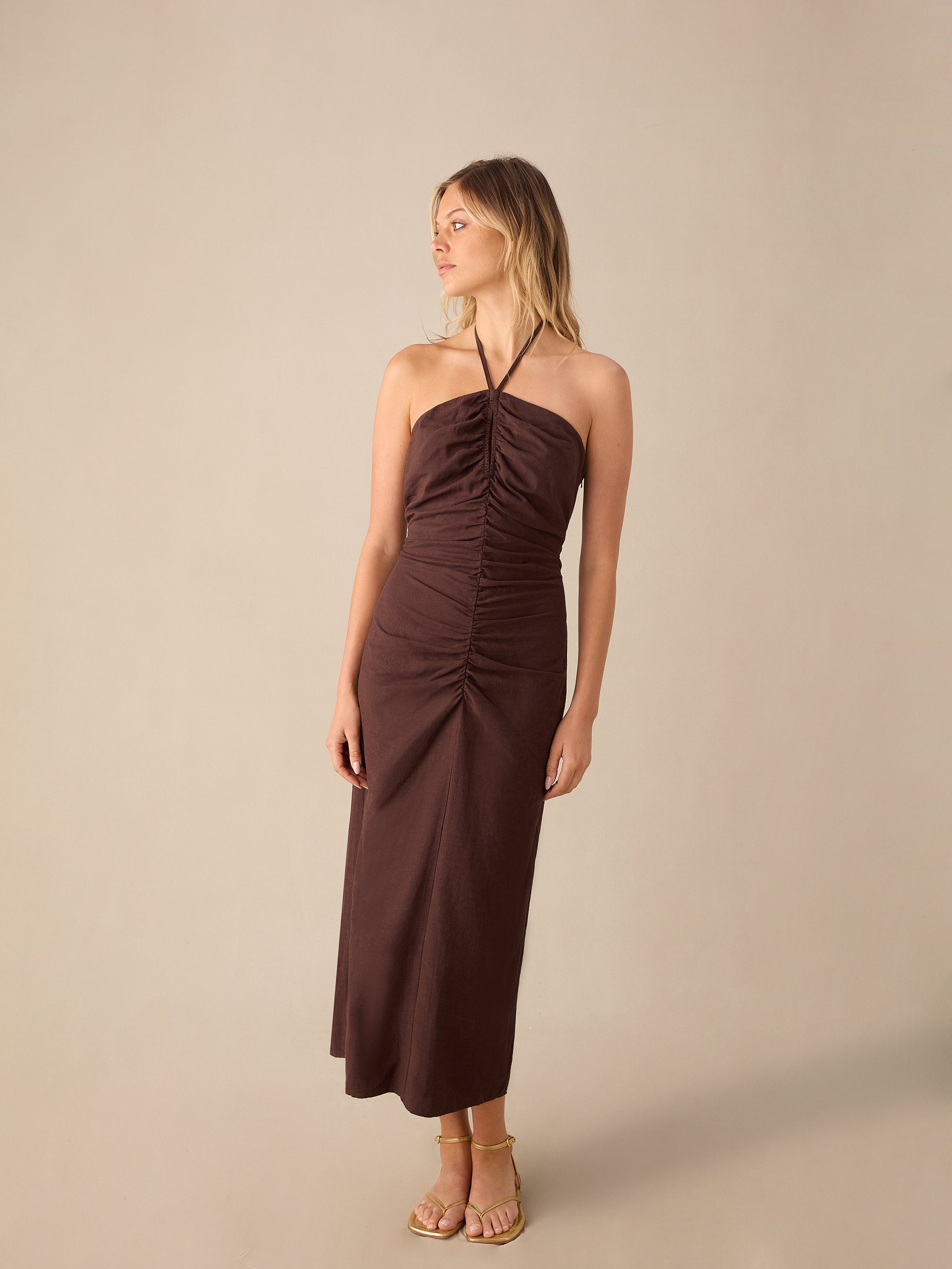 Ro&Zo Womens Brown Halter Linen-blend Midaxi Dress - Size 14 UK