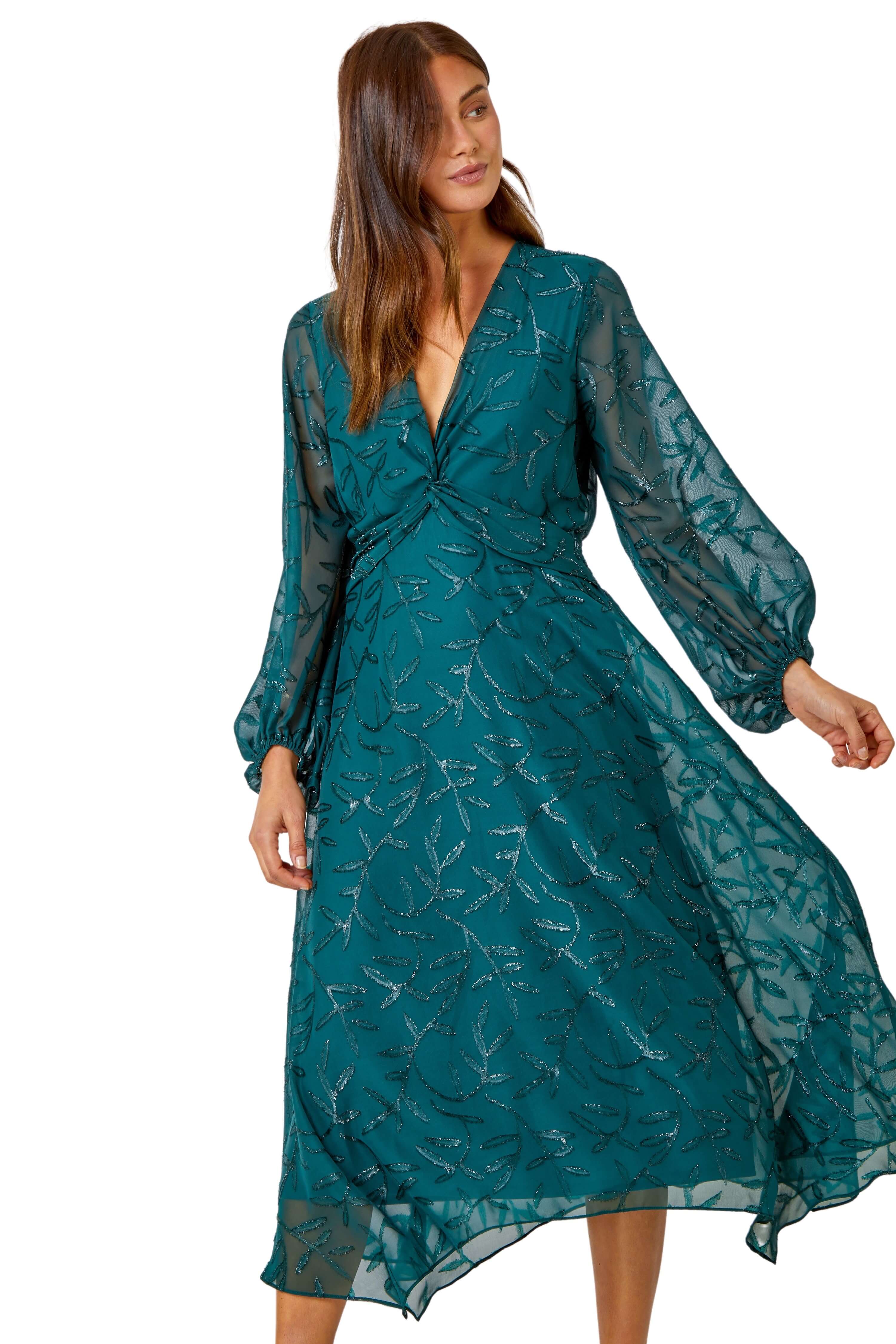 Roman Womens Textured Floral Twist Front Midi Dress - Dark Green - Size 10 Uk