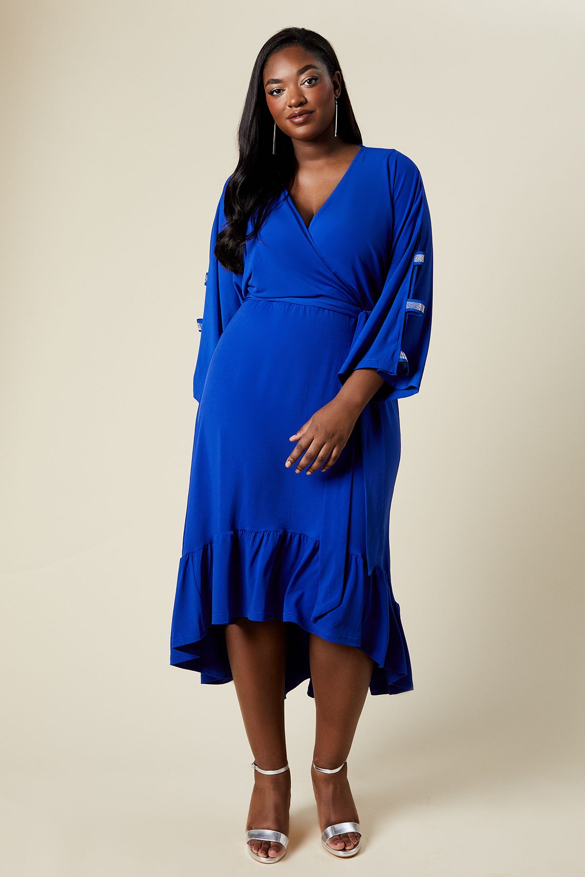 Wallis Womens Curve Kimono Sleeve Embellished Midi Wrap Dress - Blue - Size 28 Uk