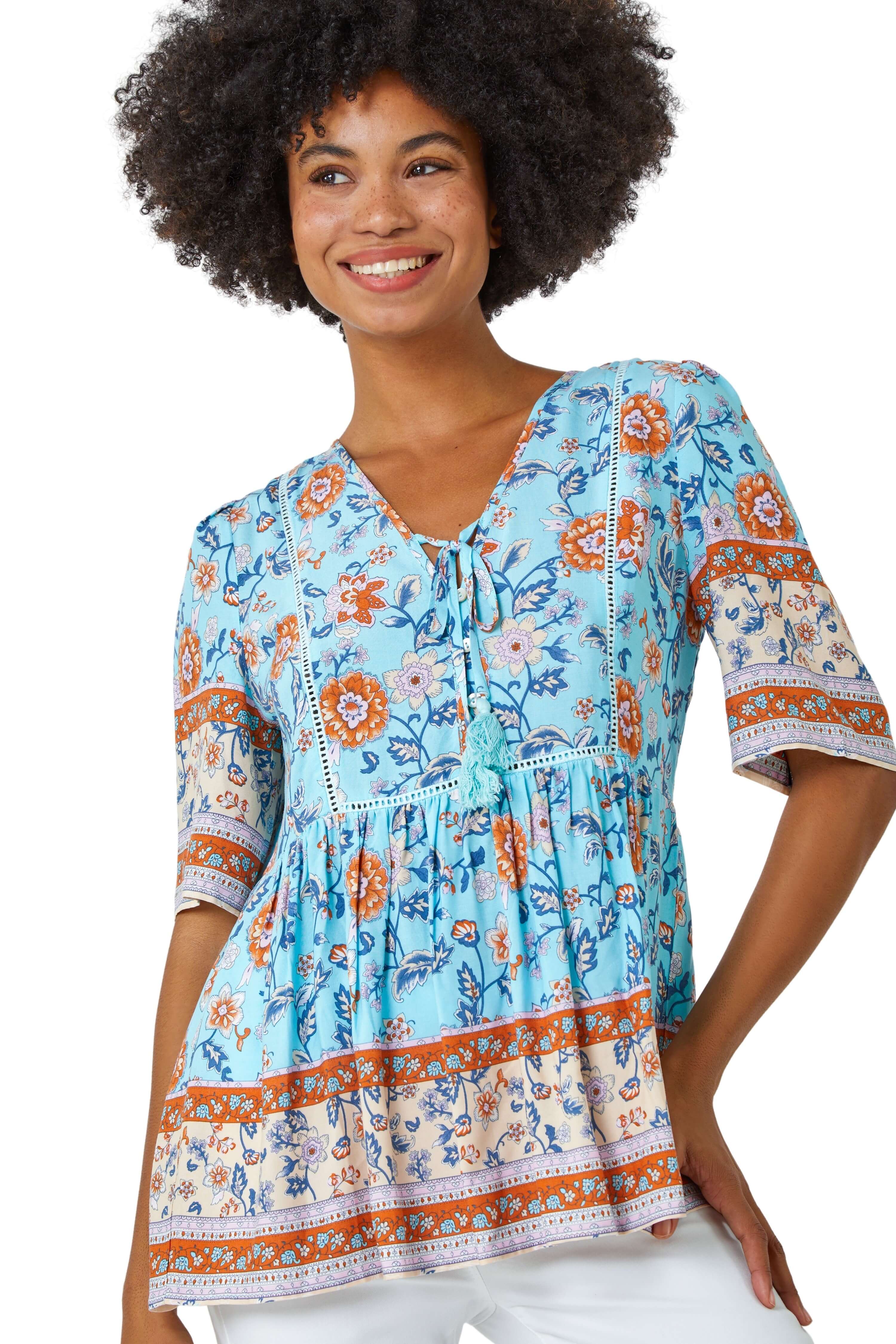 Roman Womens Floral Border Print Tassel Detail Top - Blue - Size 10 UK