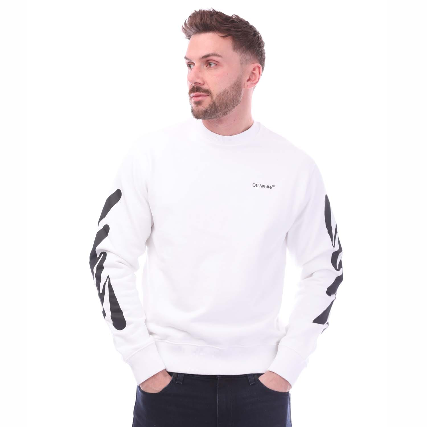 Off-White Mens Off White Wave Diagonal Slim Crewneck Sweatshirt in Black - Black & Silver Cotton - Size Large