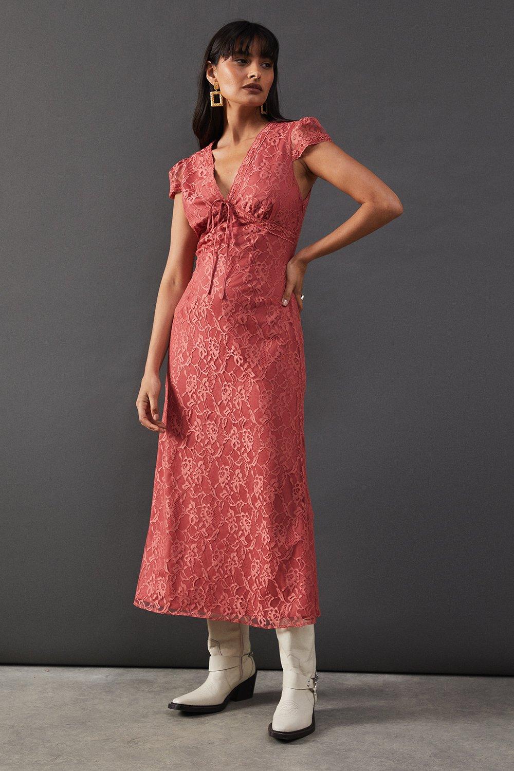 Warehouse Womens Lace Cap Sleeve Bow Front Midi Tea Dress - Rose - Size 8 Uk