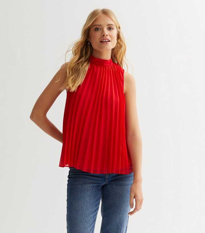 Gini London Womens High Neck Pleated Skater Top - Red - Size 8 UK