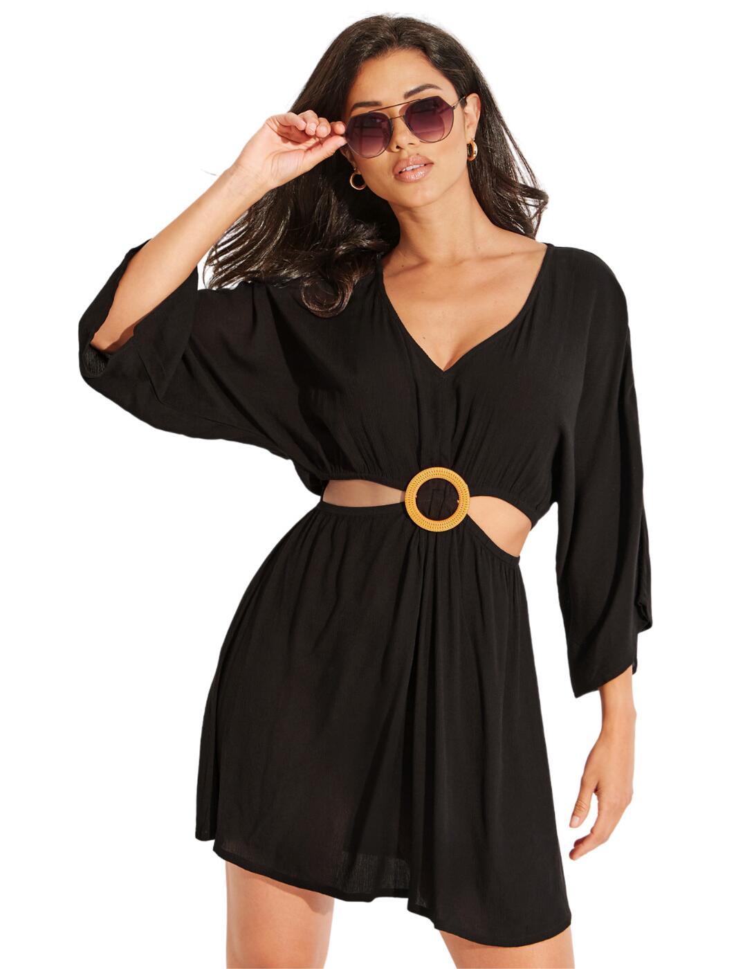 Pour Moi Womens EcoVero Cut Out Crinkle O Ring Cover Up Dress - Black Viscose - Size Large