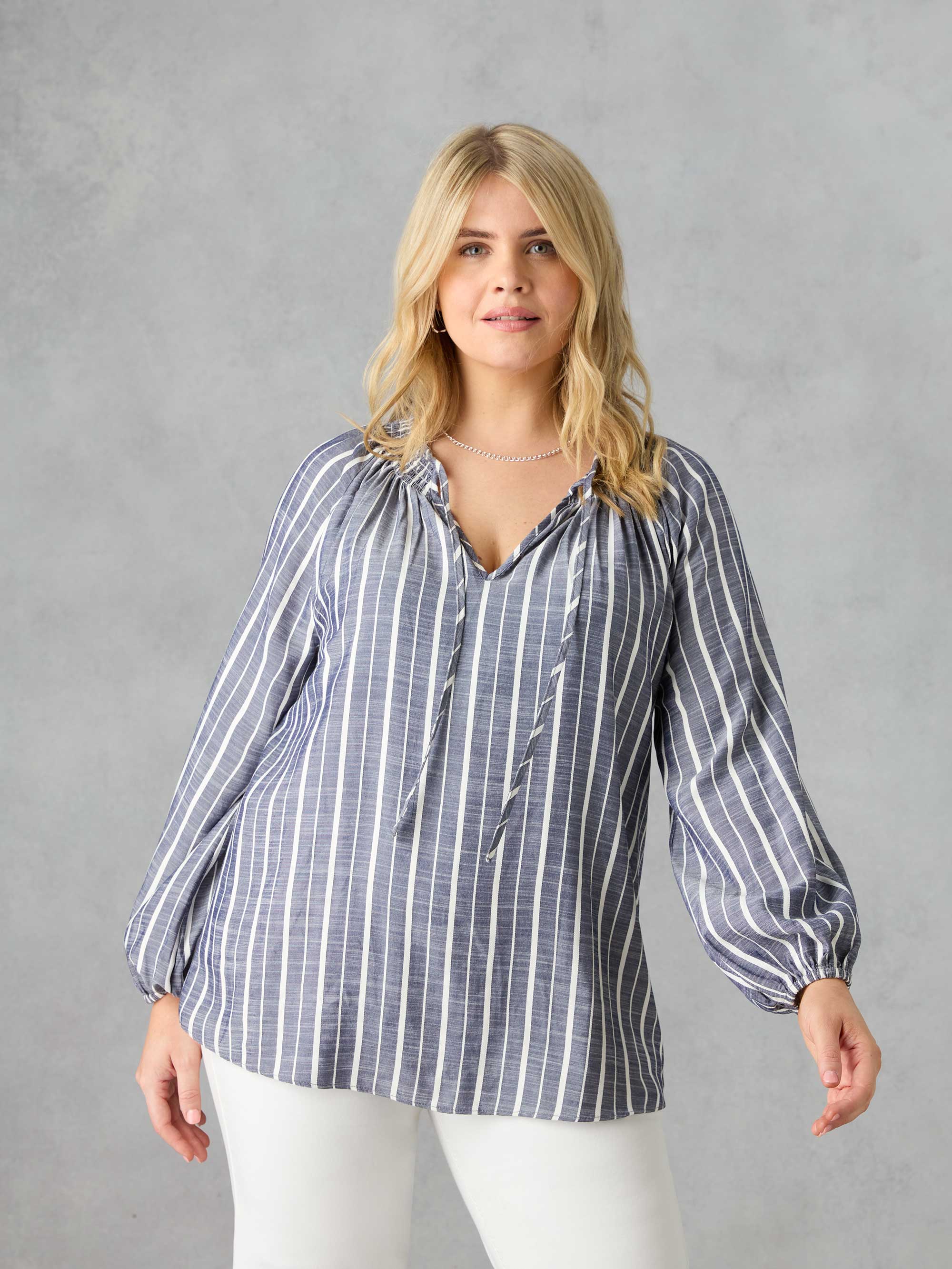 Live Unlimited Womens Denim Stripe Shirred Boho Blouse - Blue - Size 16 UK