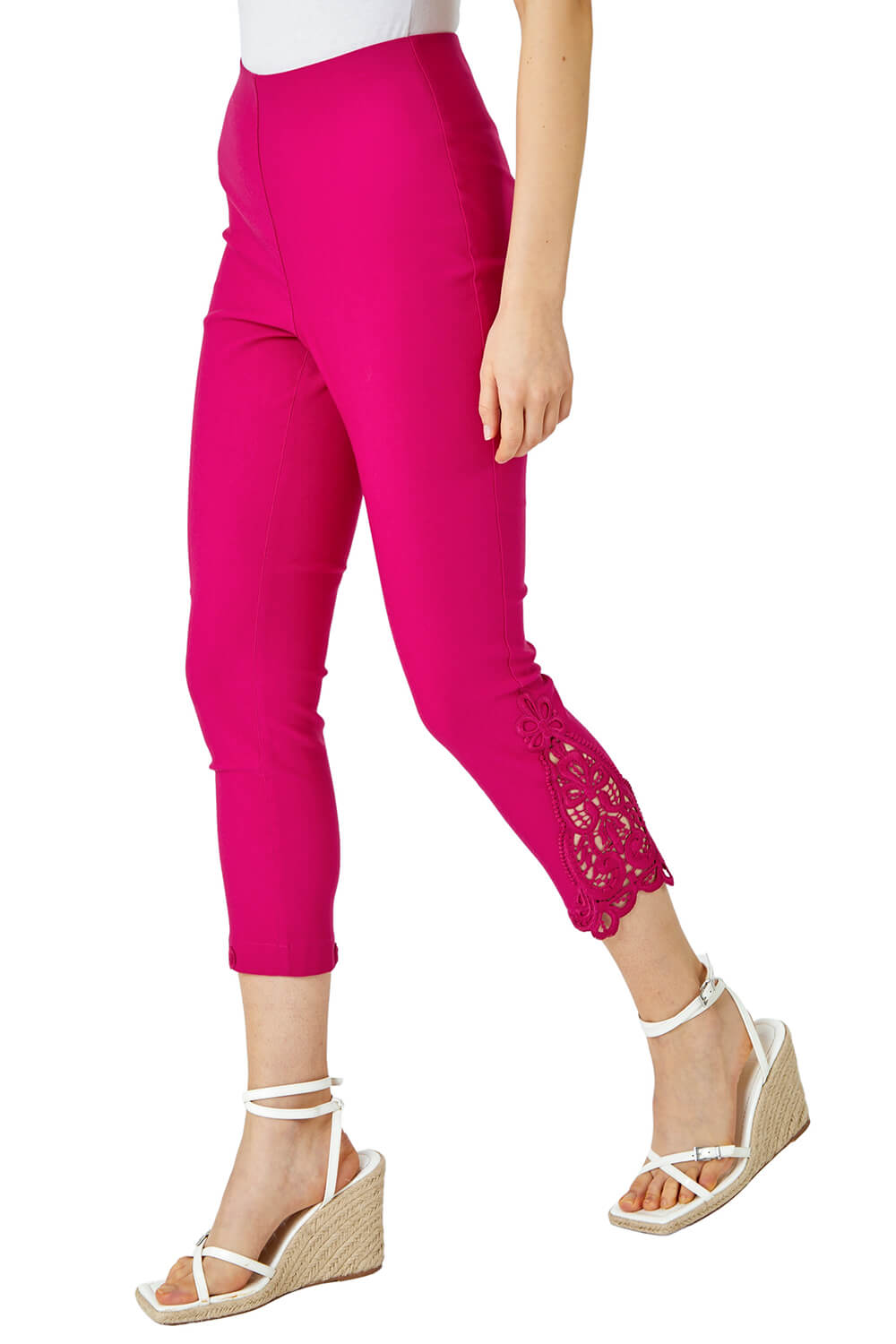 Roman Womens Lace Insert Crop Stretch Trousers - Pink - Size 18 UK