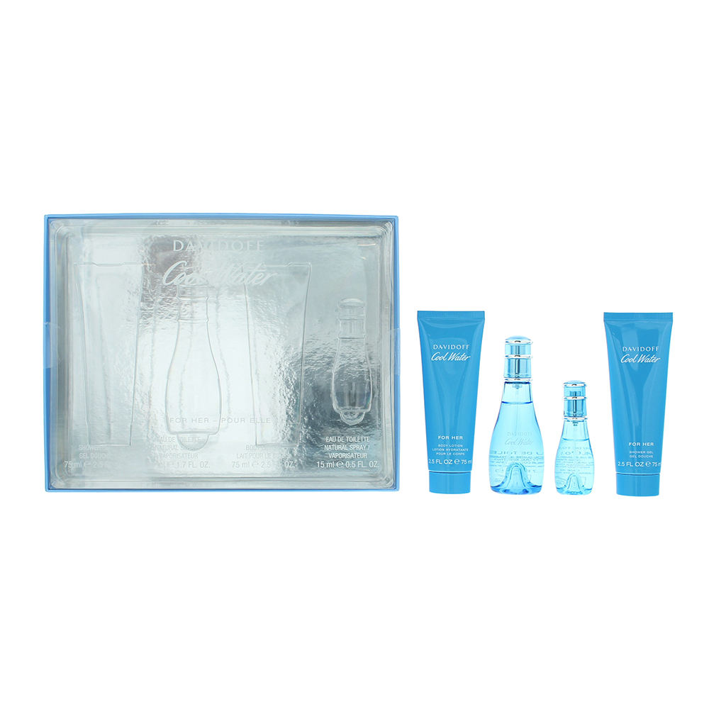 Davidoff Womens Cool Water Woman Eau de Toilette 50ml, Eau de 15ml, Body Lotion 75ml + Shower Gel Gift Set - NA - One Size