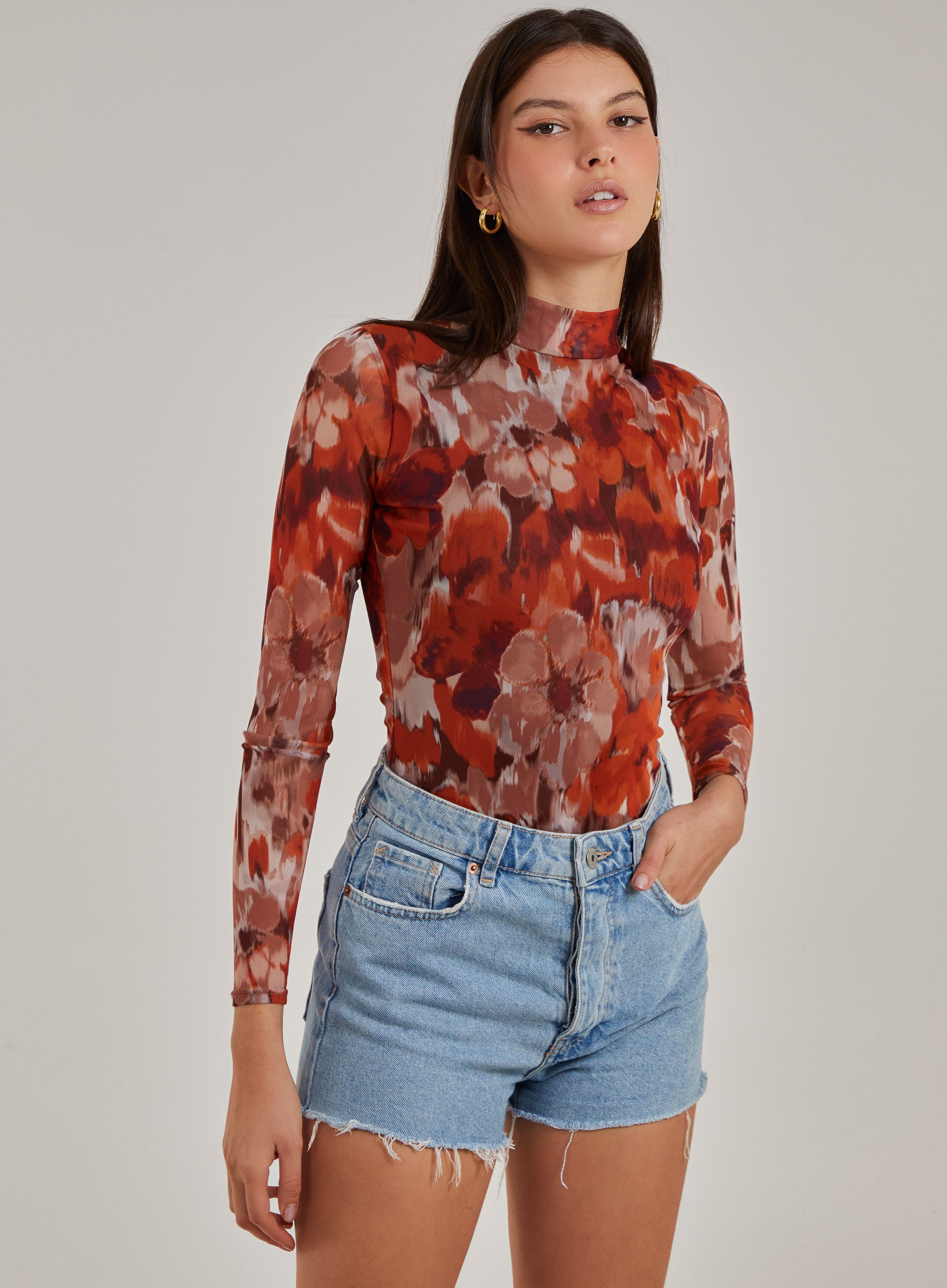 Pink Vanilla Womens Graphic Floral High Neck Bodysuit - Rust - Size 8 UK - Secret Sales