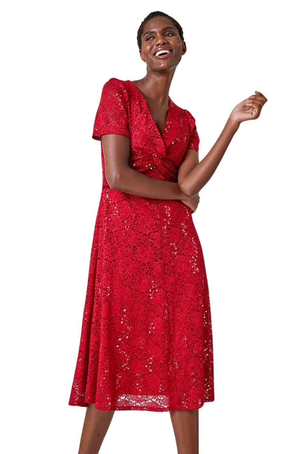 Roman Womens Sequin Lace Twist Front Midi Dress - Red - Size 16 Uk
