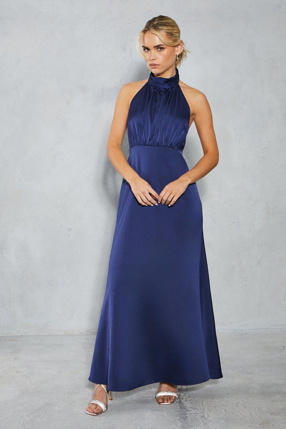 Oasis Womens Petite Satin Halter Bias Cut Maxi Bridesmaids Dress - Navy - Size 16 UK