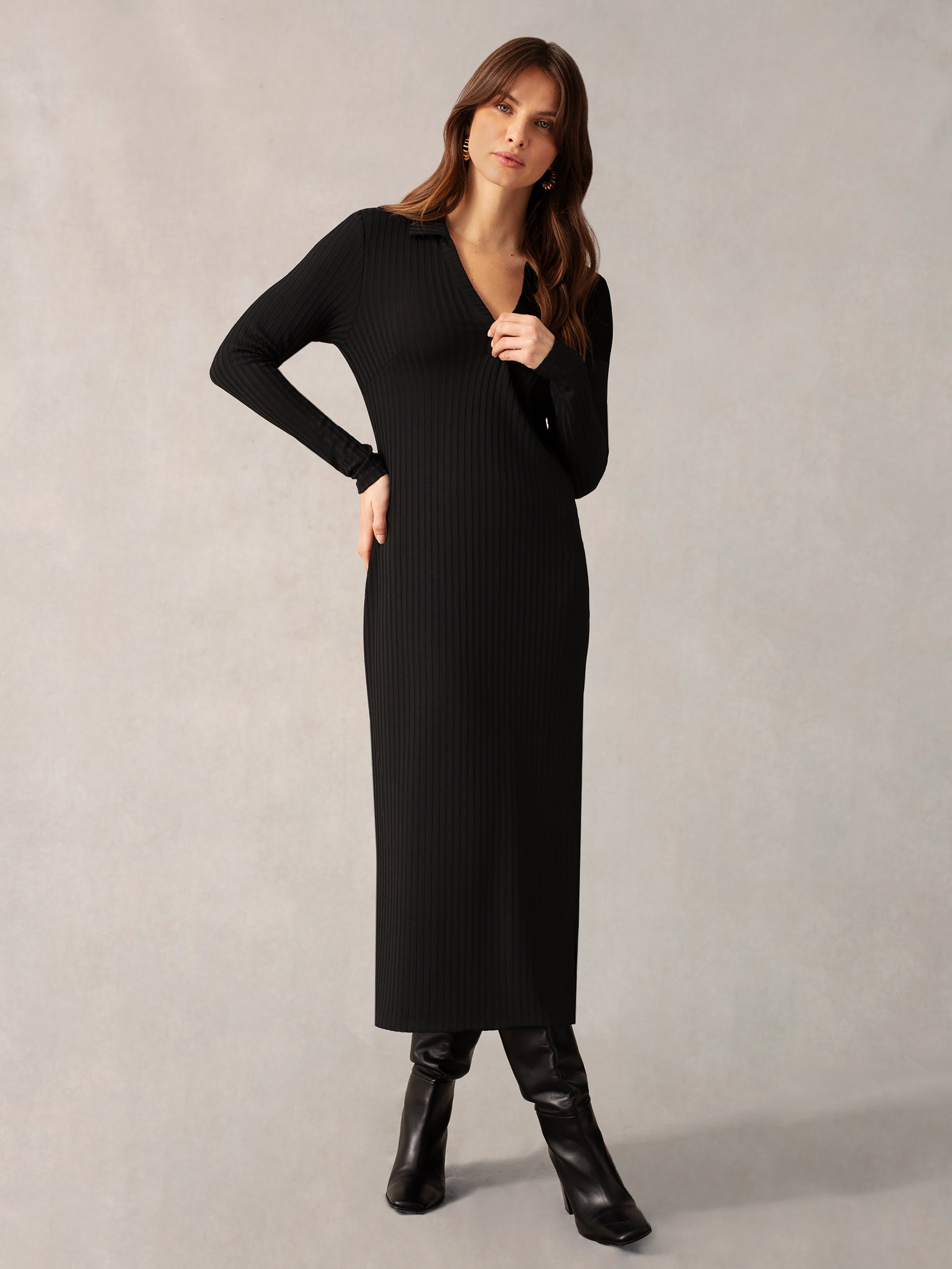 Ro&Zo Womens Black Collared Ribbed Jersey Dress - Size 18 UK