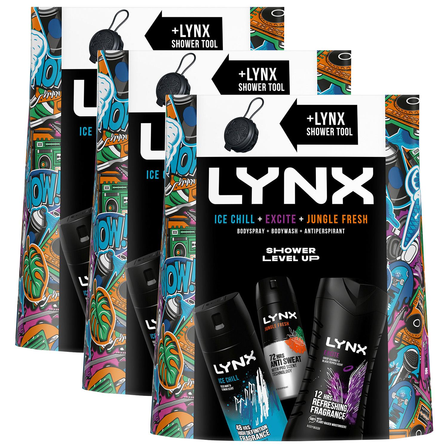 Lynx Mens Ice Chill, Excite, Jungle Fresh with Shower Tool, 3pk - One Size