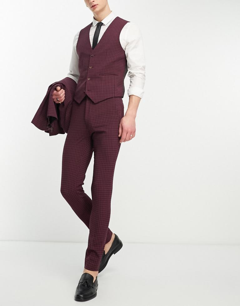 ASOS DESIGN Mens skinny suit trousers in burgundy gingham-Red - Size 30W/30L