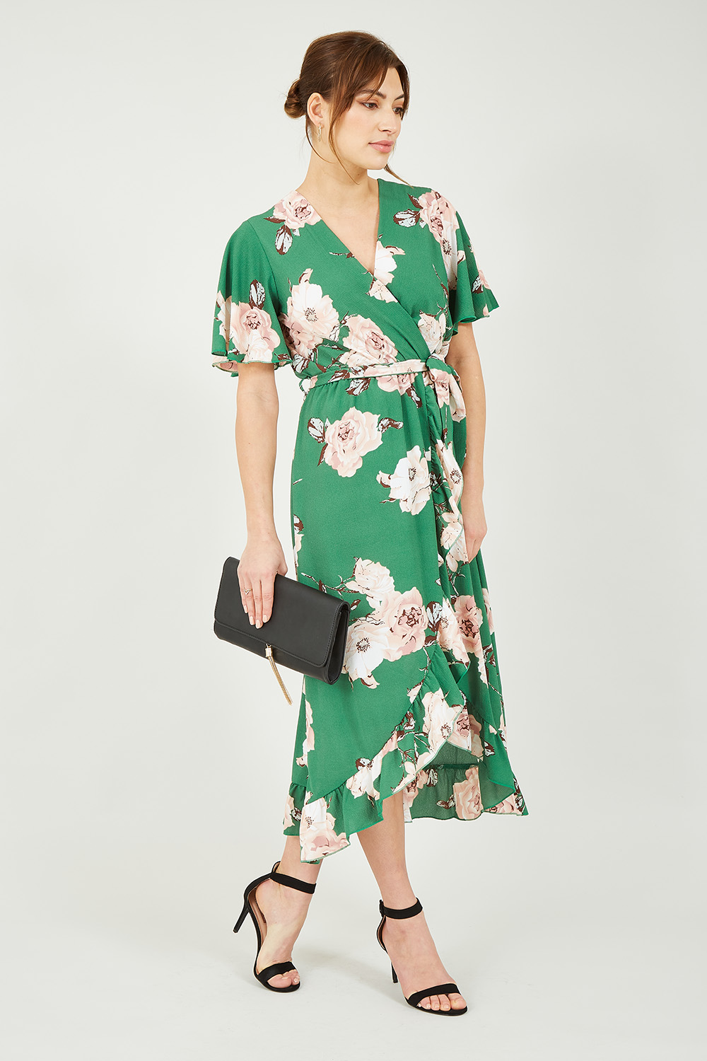 Mela London Womens Green Rose Printed Bubble Crepe Wrap Effect Dress - Size 10 UK