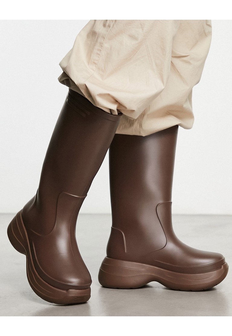 Asos Design Mens Chunky Calf Length Wellington Boots In Brown - Size Uk 9