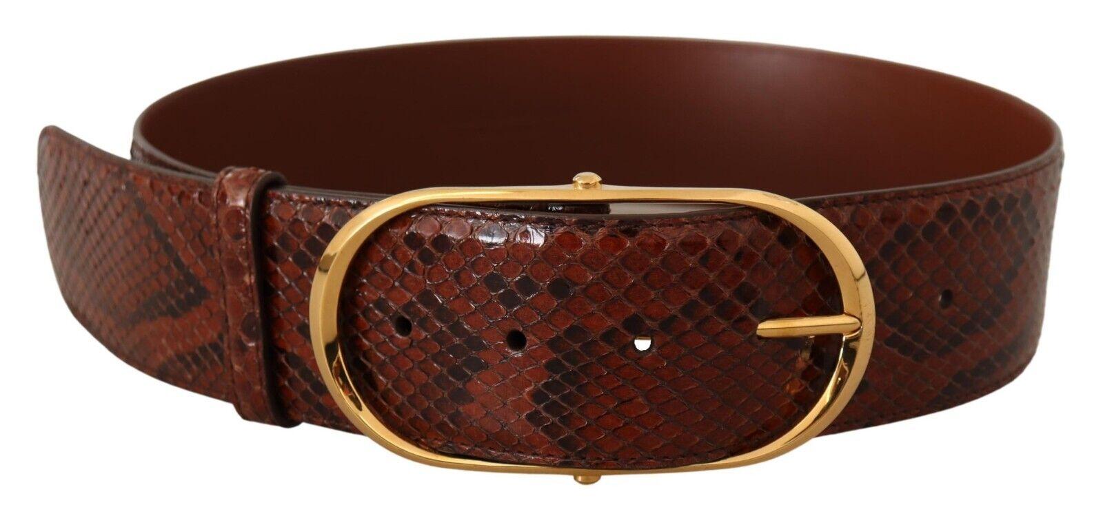 Dolce & Gabbana Womens Gorgeous Phyton Snake Skin Belt with Gold Oval Buckle - Brown Leather - Size 70 cm