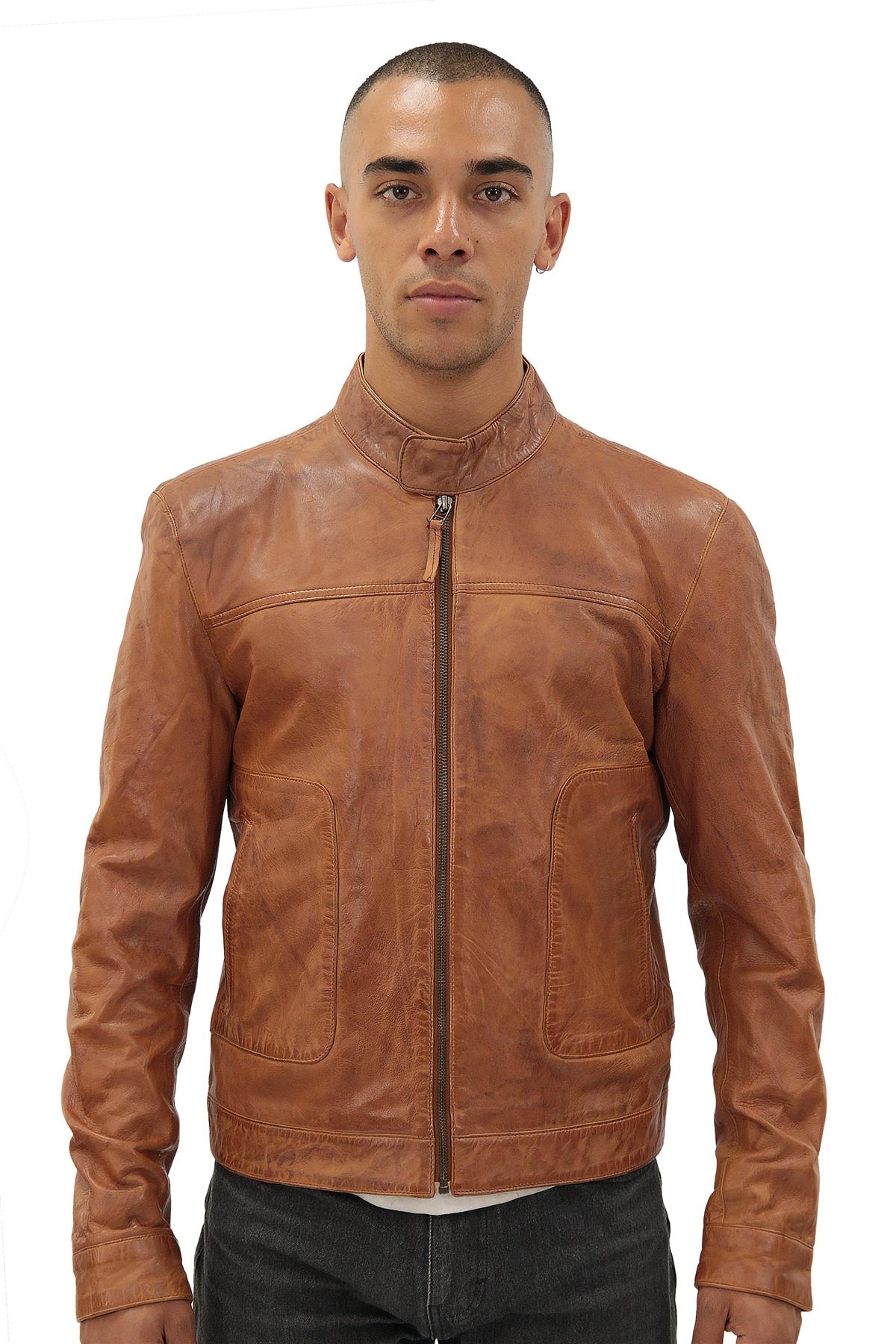 Infinity Leather Mens Men’s Classic Fitted Biker Jacket-Austin - Tan - Size 5XL