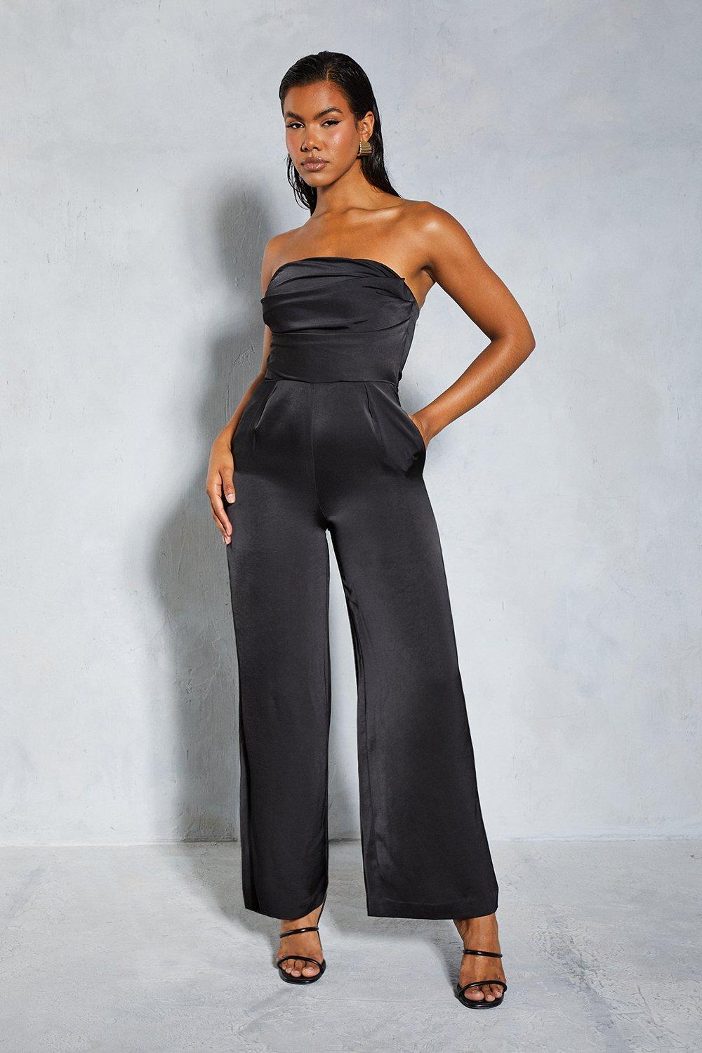 MissPap Womens Satin Bandeau Ruched Bust Straight Leg Jumpsuit - Black - Size 8 UK