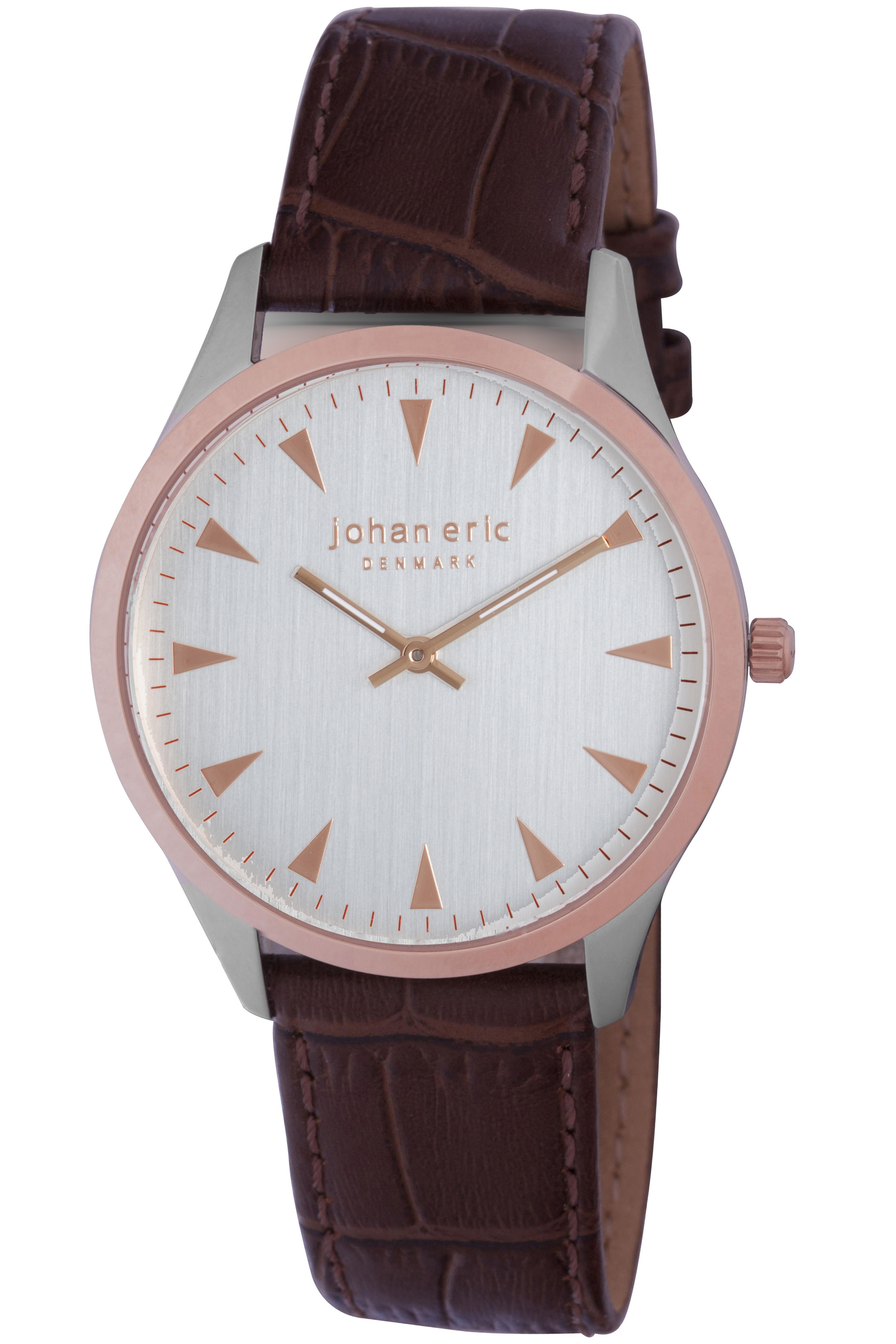 Johan Eric : helsing¸r, Mens, silver dial watch w triangular rose gold tone hr-markers, brown calfskin band Leather - One Size