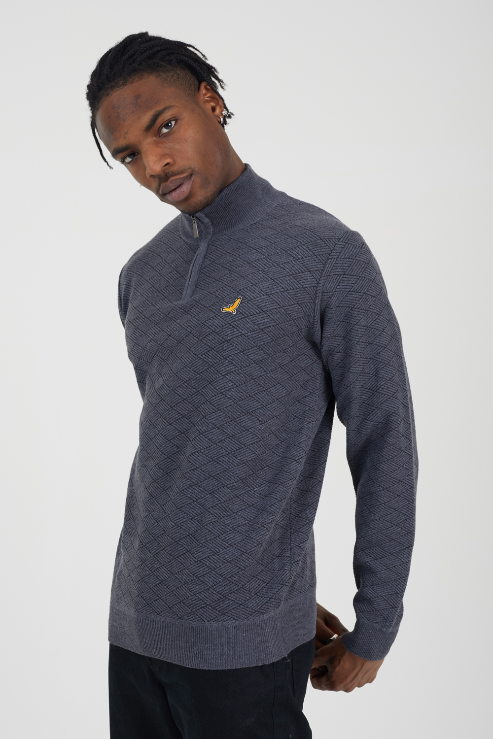 Brave Soul Mens Grey Quarter Zip Funnel Neck Textured Knit Jumper - Size X-Large