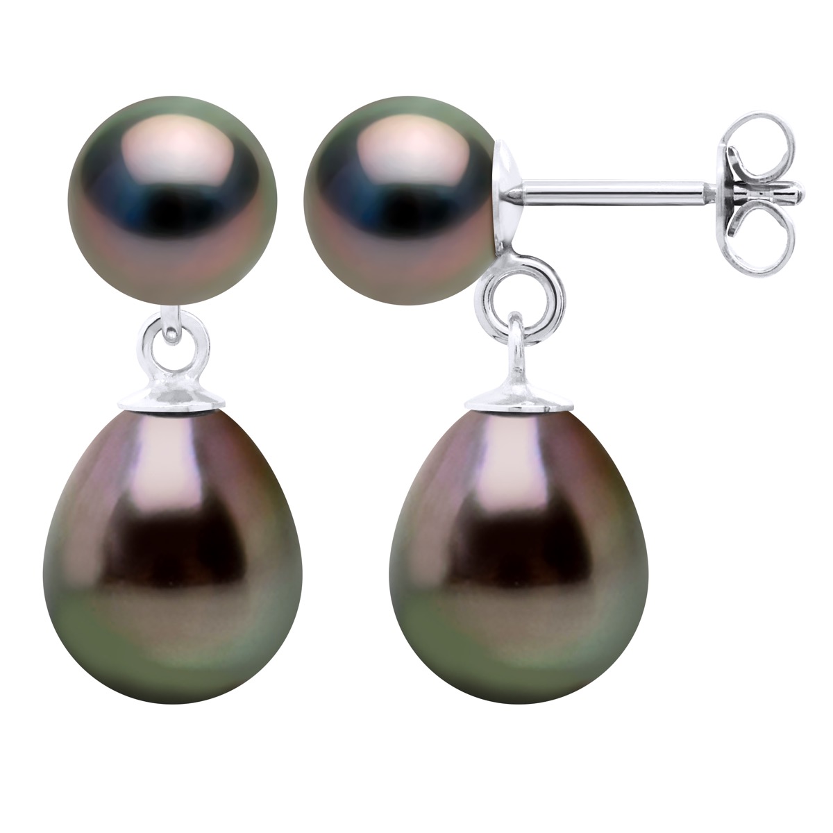 Ateliers Saint Germain Womens Double Earrings - White Gold - Real Cultured Tahiti Pearls Round 7-8 and Pear 9-10 mm - Silver - One Size