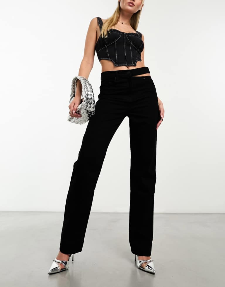 ASOS DESIGN Womens mid rise straight jean with cut out waistband in washed black - Size 34W/32L