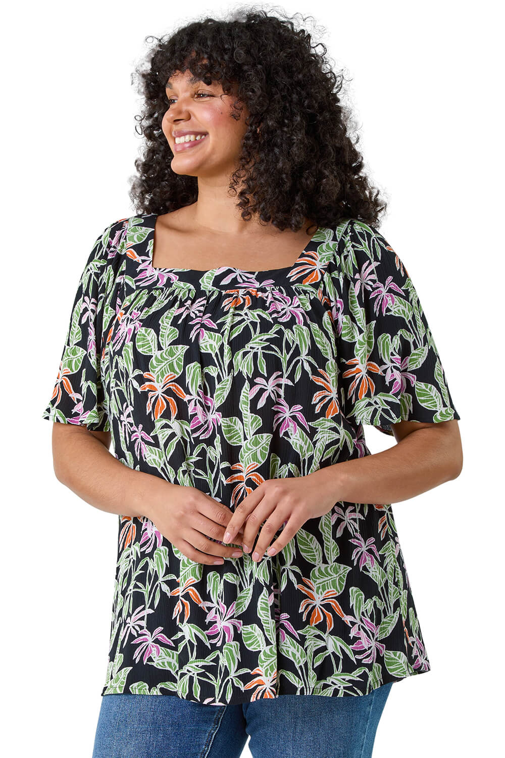 Roman Curve Womens Tropical Print Square Neck Top - Black Denim - Size 18 UK