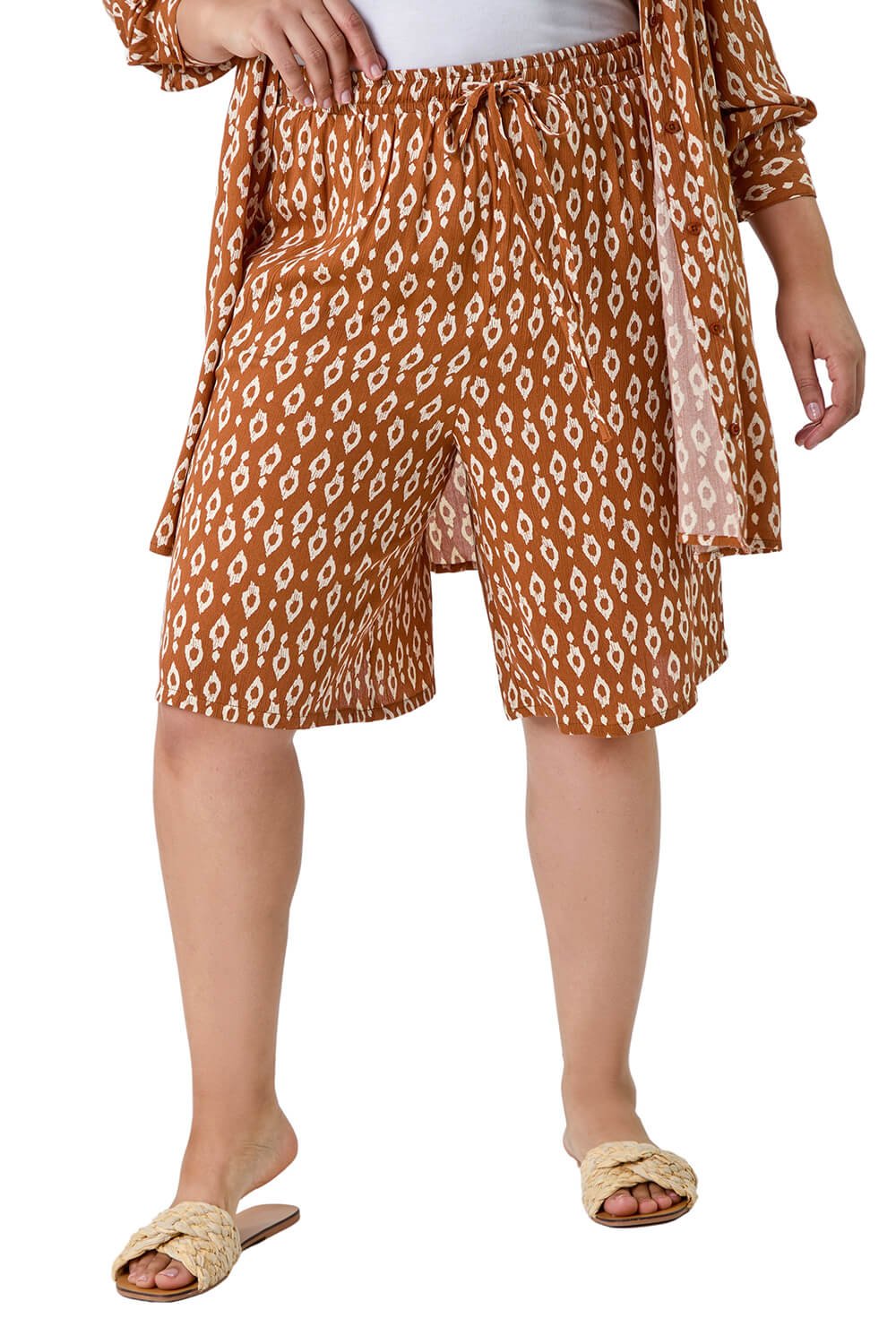 Roman Curve Womens Geometric Elastic Waist Crinkle Shorts - Orange - Size UK 22-24