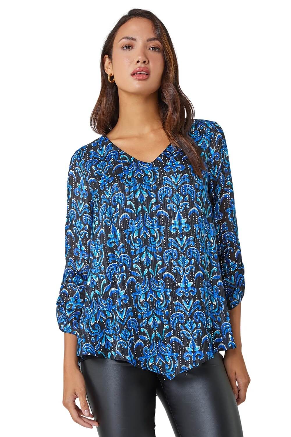 Roman Womens Abstract Print Metallic Ruched Blouse - Blue - Size 10 UK