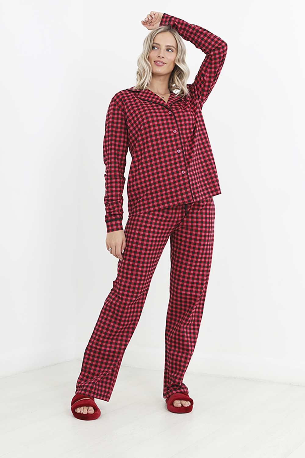 Brave Soul Womens Red Cotton Gingham 'Gemma' Button Through Pyjama Set - Size Small