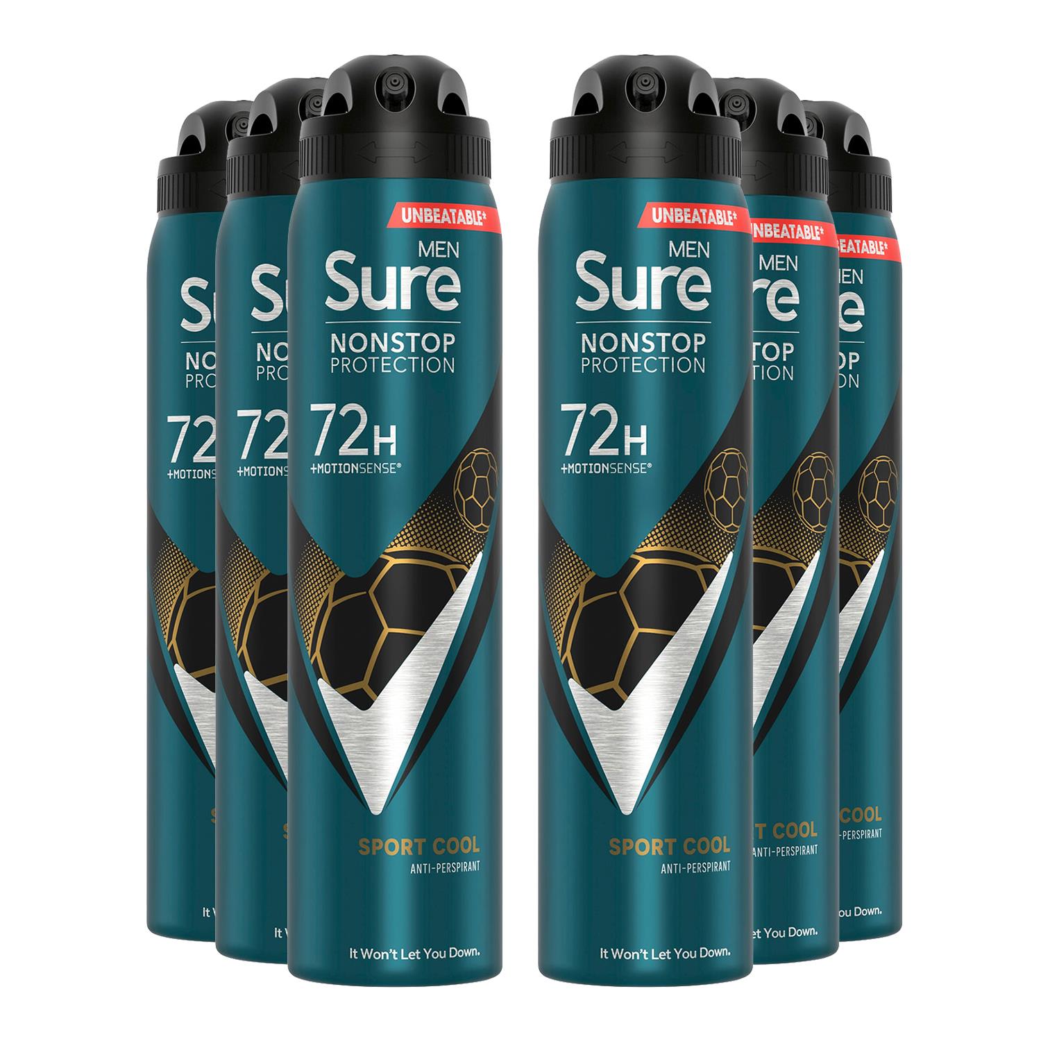 Sure Mens Men Anti-perspirant 72H Nonstop Protection Sport Cool Deodorant 250ml, 6 Pack - NA - One Size