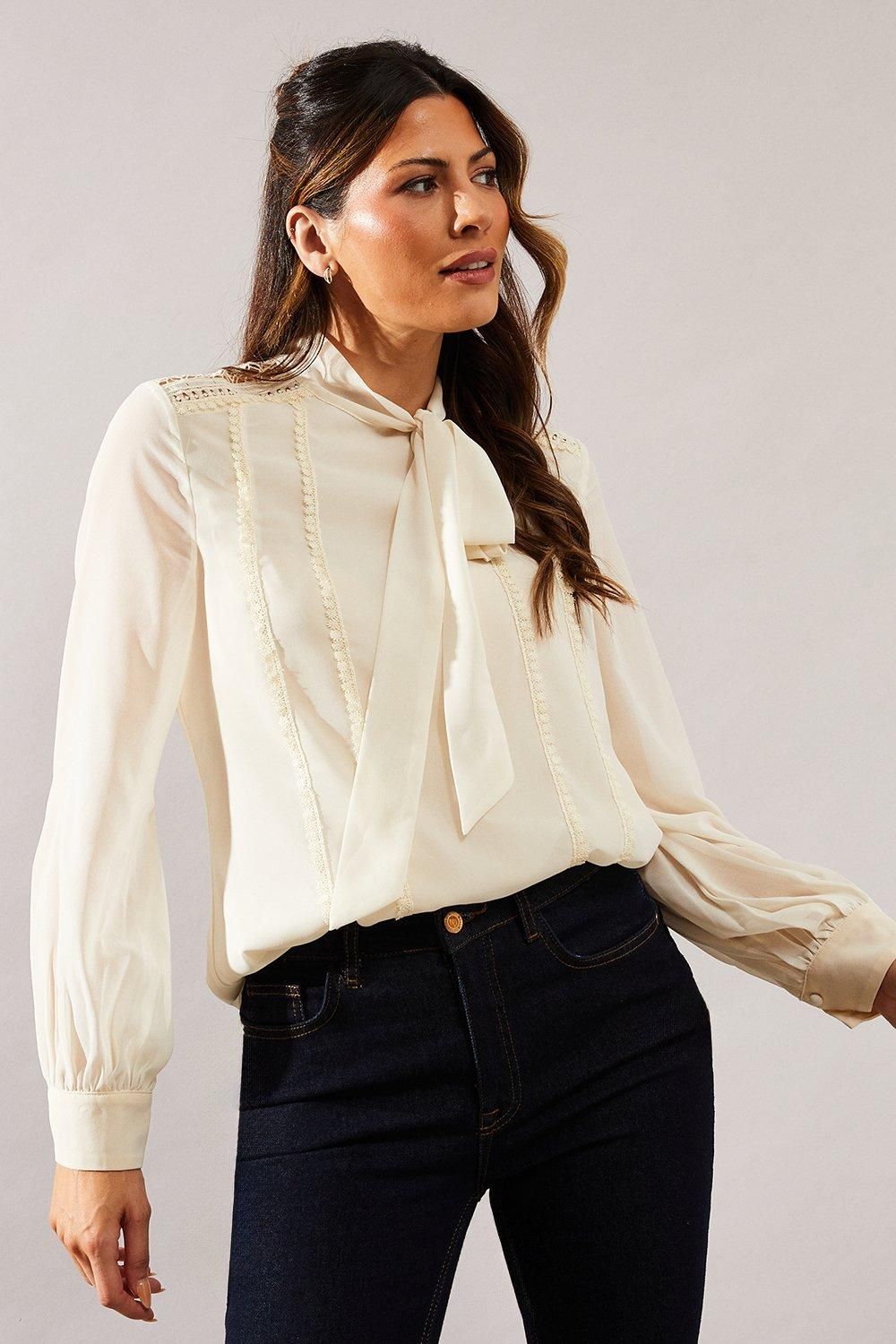 Wallis Womens Occasion Tie Neck Lace Trim Blouse - White - Size 20 UK