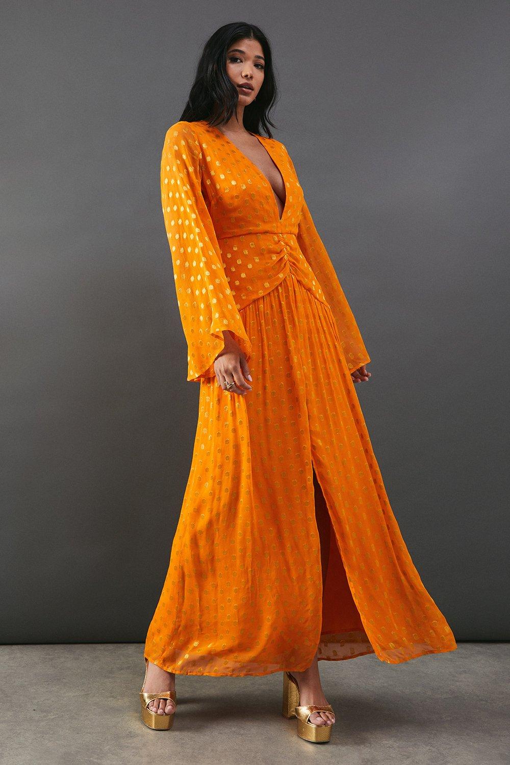 Warehouse Womens Metallic V Plunge Kimono Sleeve Maxi Dress - Orange viscose - Size 8 UK