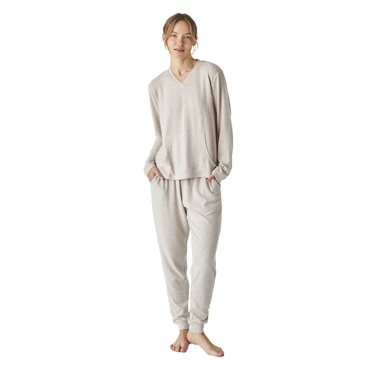 J&J Brothers JJB5 WoMens Soft Knit V-Neck Long Sleeve Pajamas - Cream - Size Small