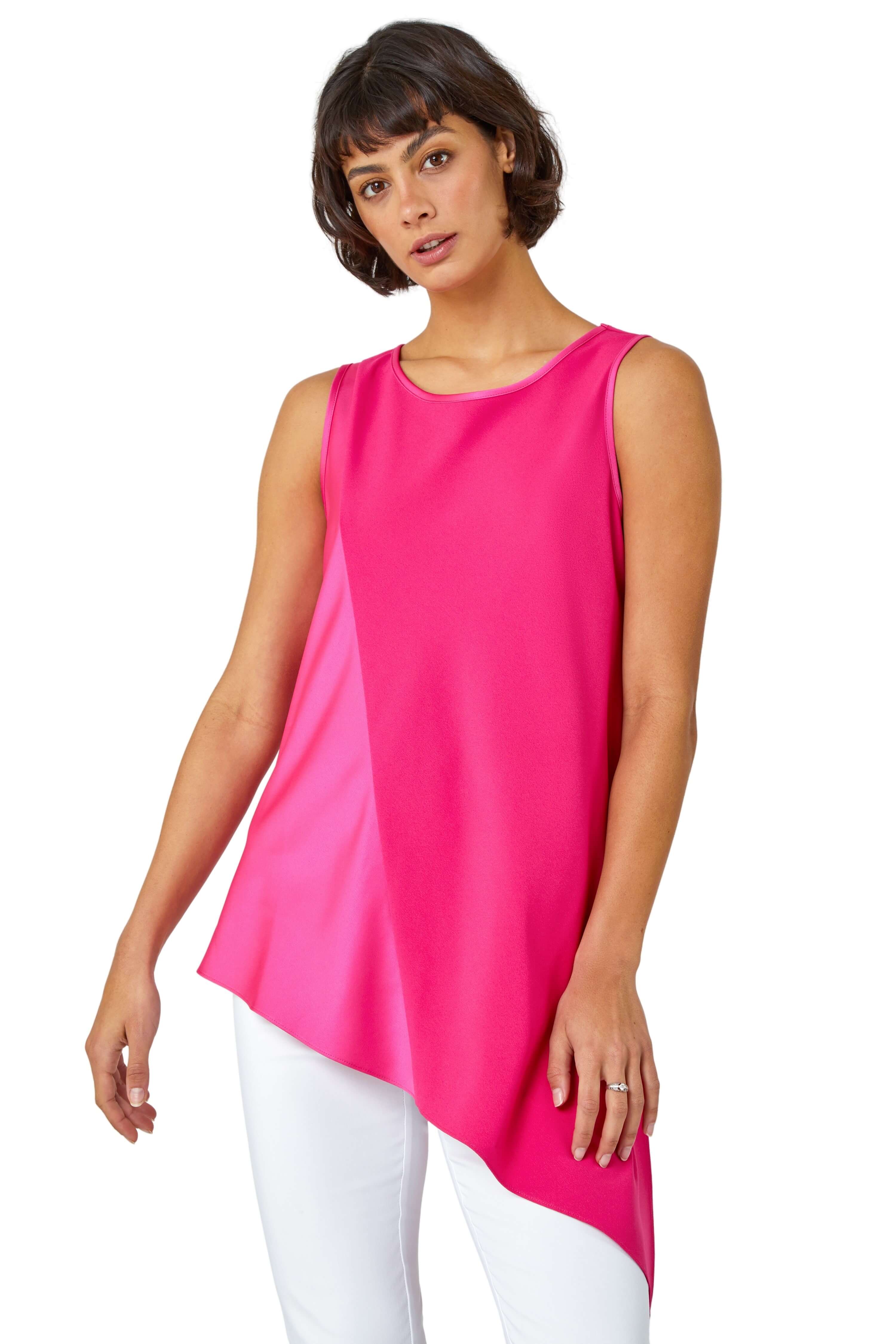 Roman Womens Satin Contrast Asymmetric Top - Pink - Size 10 UK