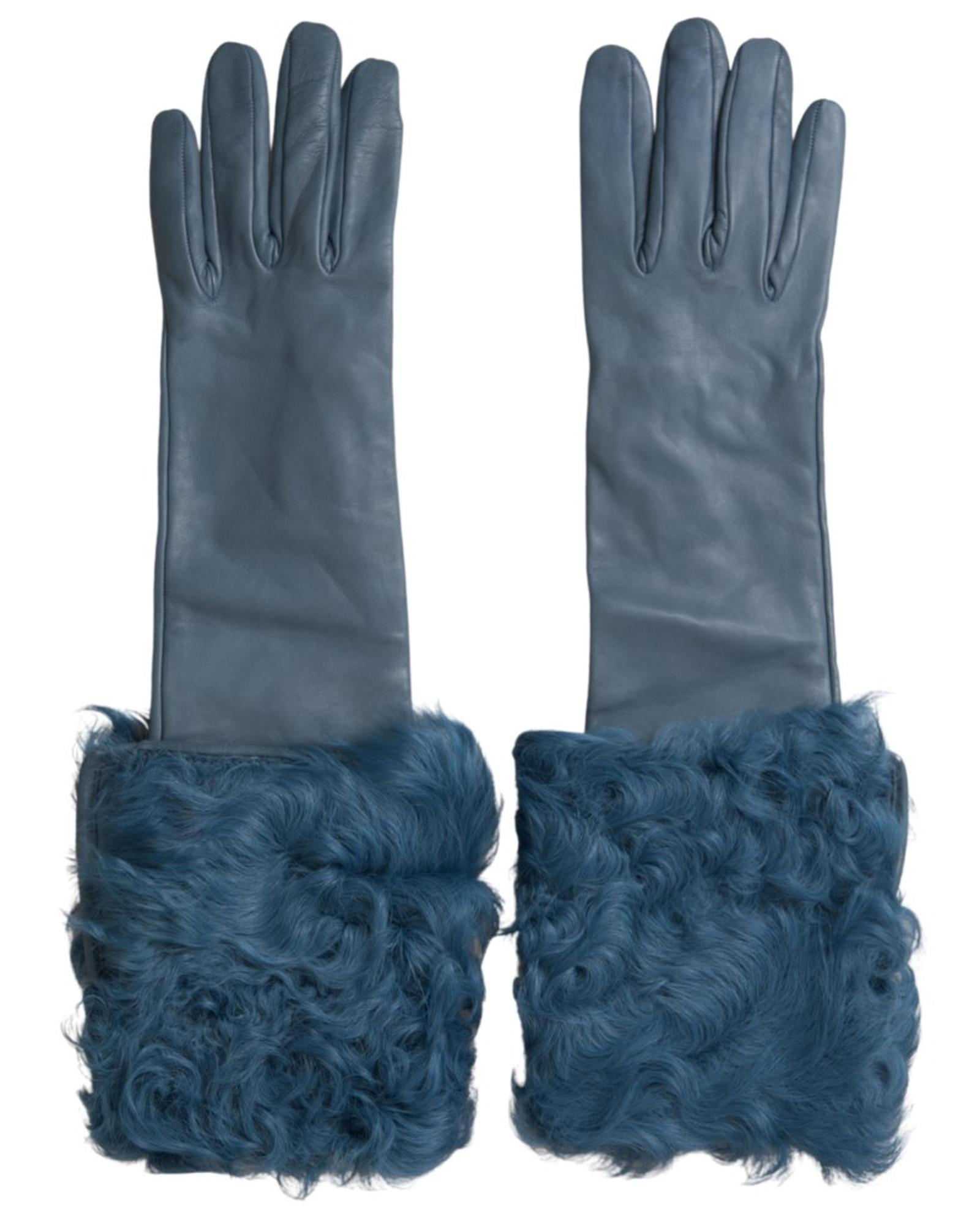 Dolce & Gabbana Womens Leather Fur Arm Length Gloves - Blue - Size 7.5 (Gloves)