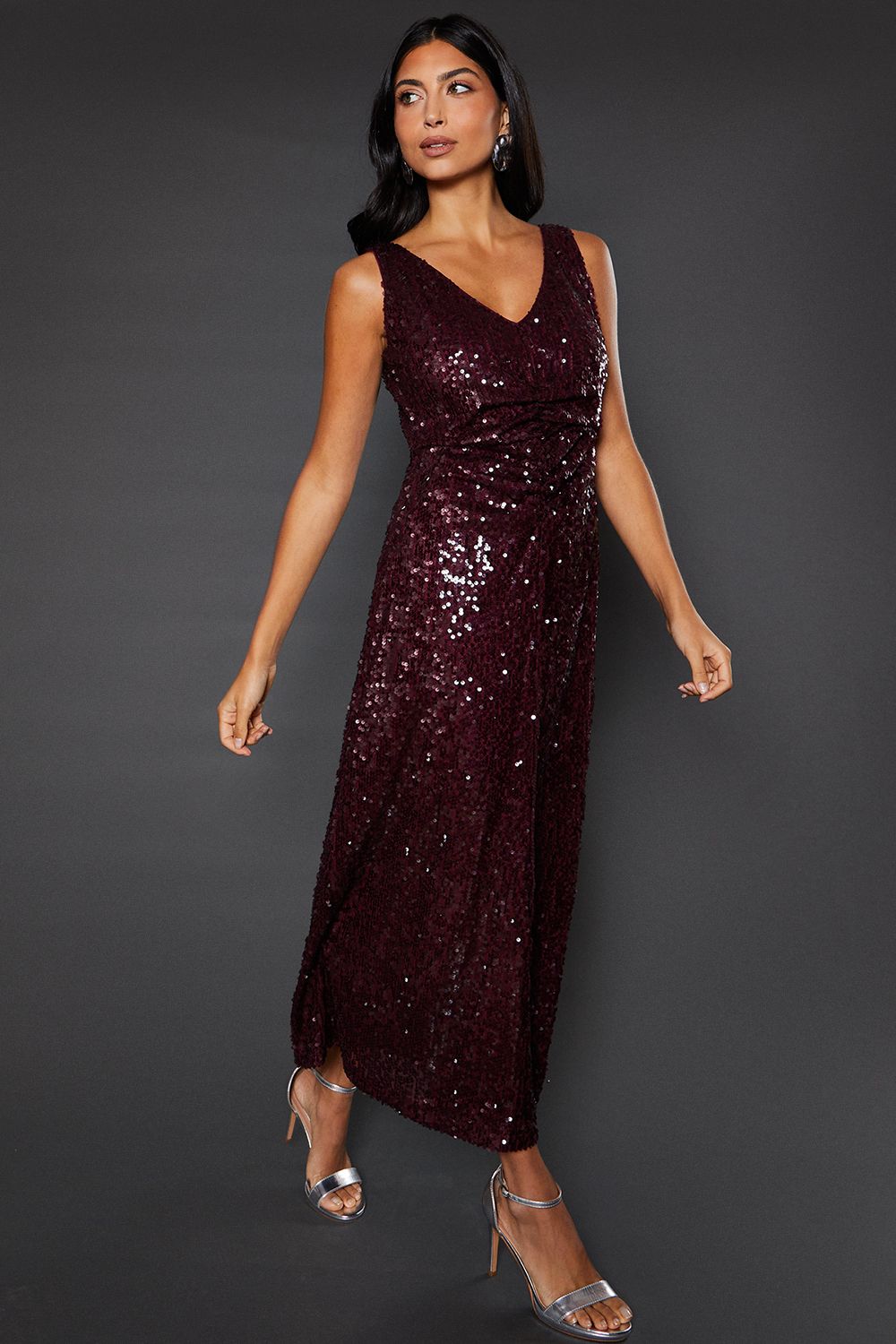 Wallis Womens Occasion Sequin Ruched Midaxi Dress - Wine - Size 12 UK