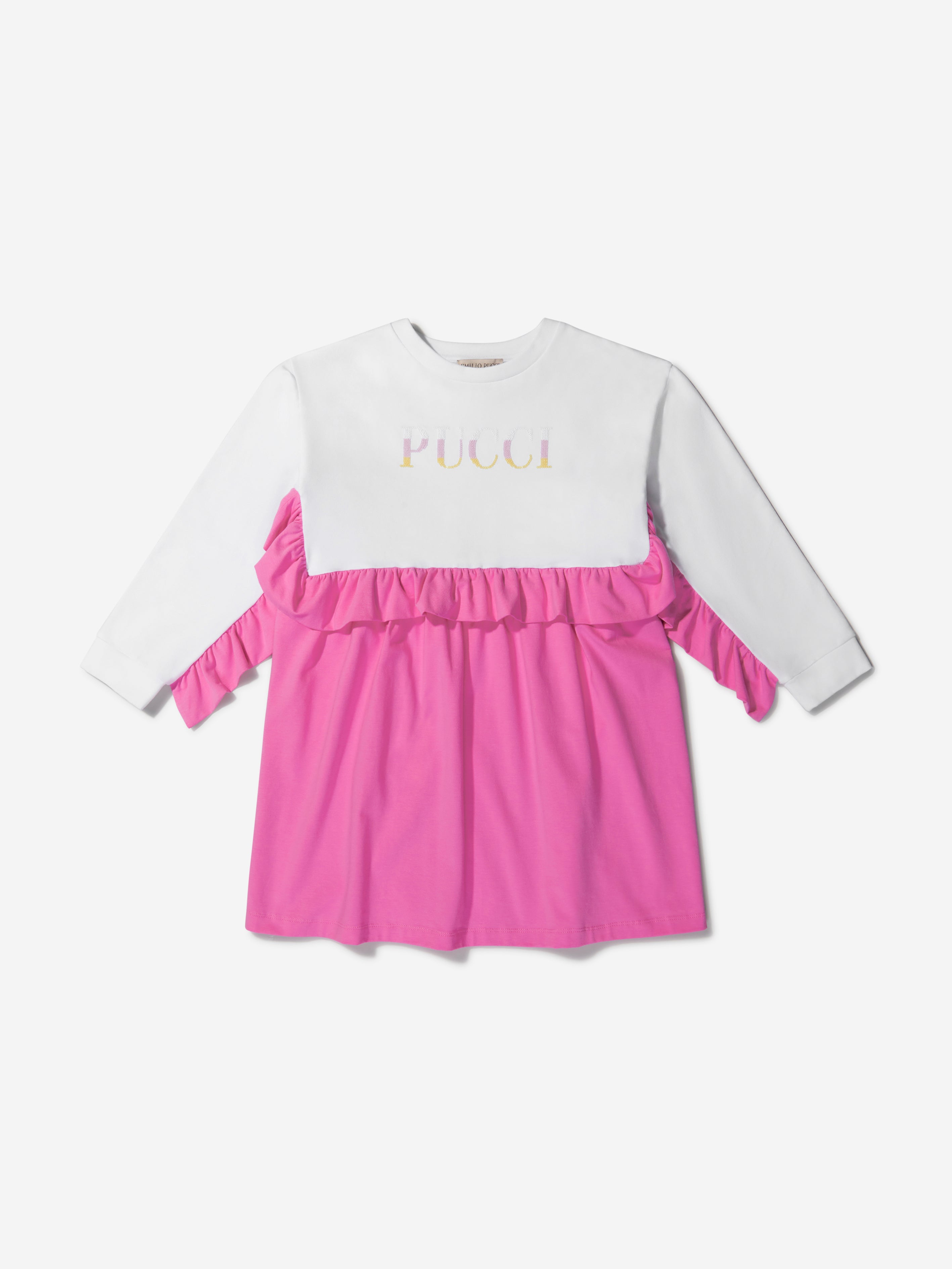 Emilio Pucci Girls Cotton Ruffle Trim Logo Dress - Pink - Size 12Y